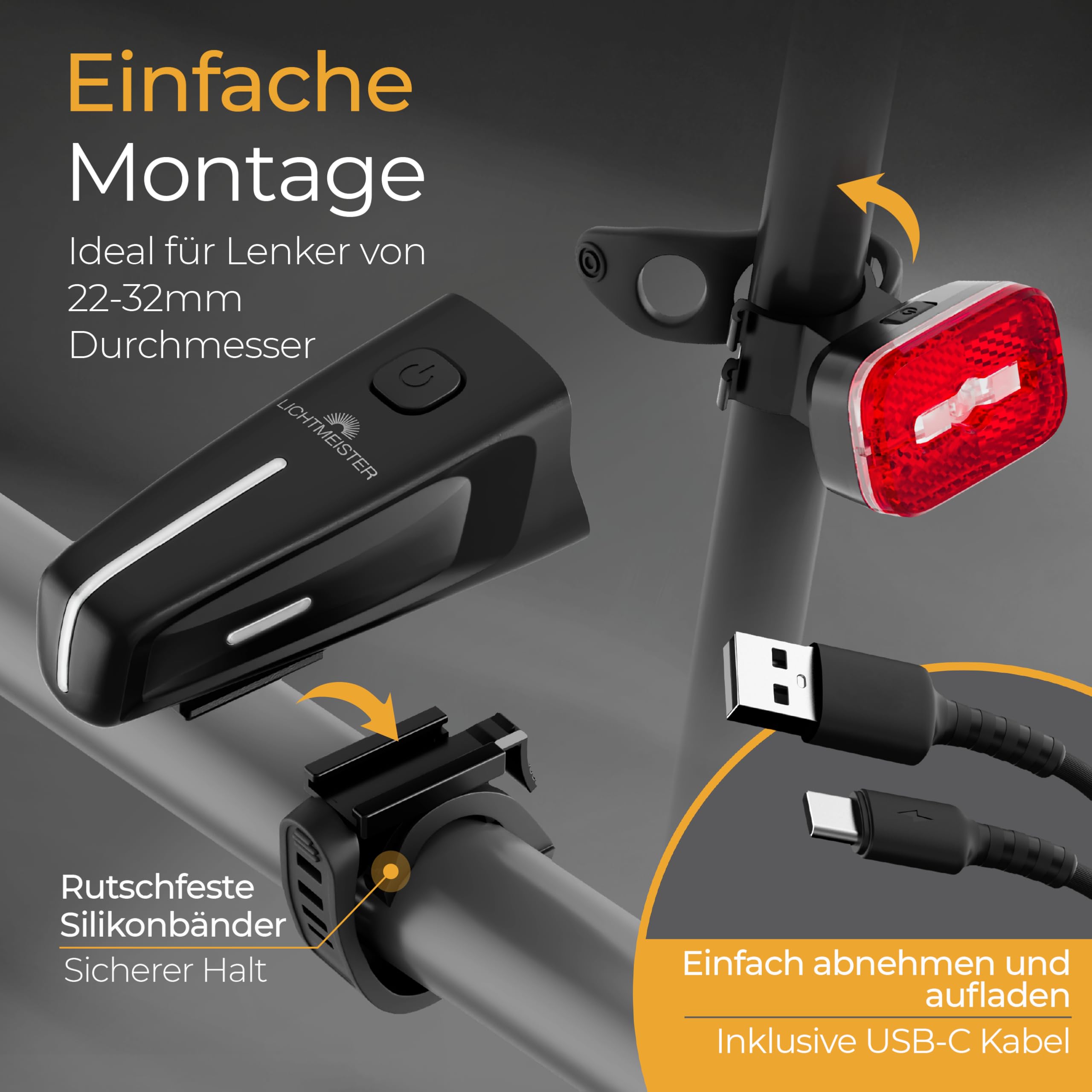 LICHTMEISTER® Fahrradlicht 100 Lux - 2000 mAh Akku - mit Reflektor und Bremslicht - StVZO zugelassen, USB-C aufladbar & wasserfest - Fahrradlicht Set - LED Fahrradbeleuchtung - Fahrrad Licht vorne
