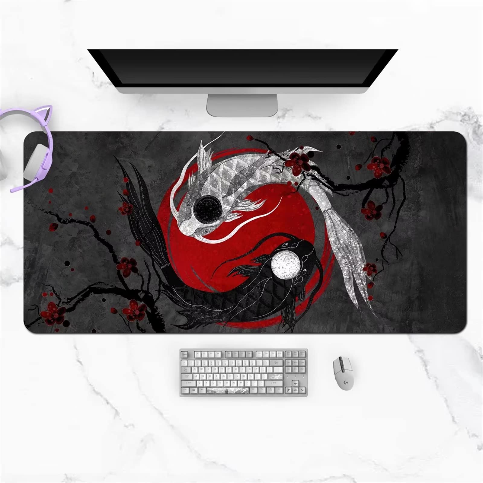 Tapis de Souris Gaming XXL 900x400x2mm Grand Tapis de Souris Gamer avec Surface Imperméable,Base Antidérapante en Caoutchouc,Tapis de Souris Extra Large pour Les Bureaux,PC Poisson Koi Japonais Noir