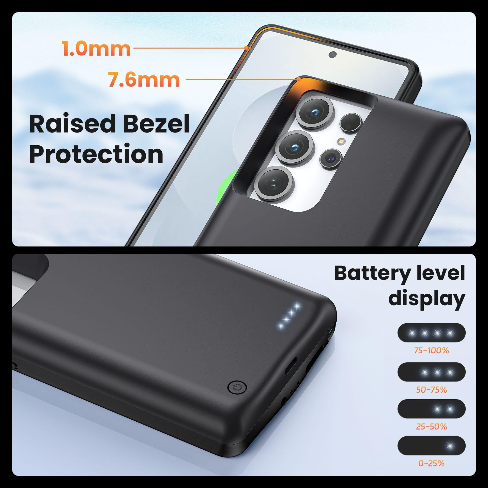 ELLENNE Carcasa batería para Samsung S23 Ultra 6,8" 10.000 mAh Slim TY-118 | Funda con batería integrada para Samsung S23 Ultra 6,8" 10.000 mAh | Funda recargable fina