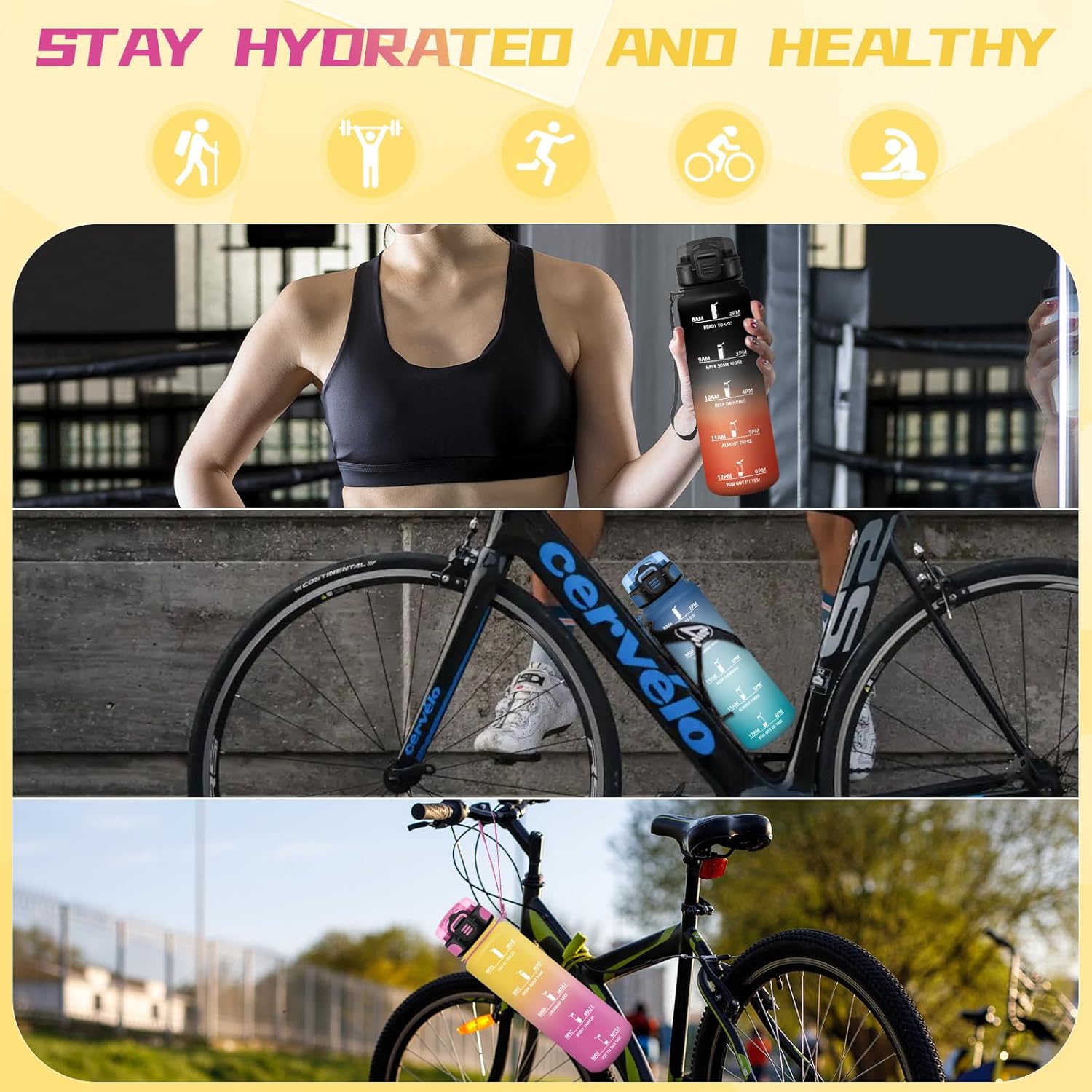 Grsta Drinking Bottle 1 Litre, Bottle with Straw, Sports Water Bottle for Adults, Leak-Proof Drinking Bottle, Can Be Carried, Water Bottle with Time Marking, for Camping, Hiking, Fitness, Yellow/Pink