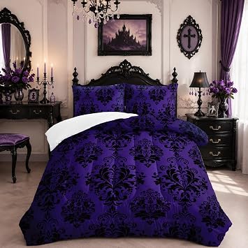 Nttopship Violet Gothic Floral Print Comforter Set Twin Size,Vintage Damask Floral Bedding Set,Bohemian Exotic Printed Quilted Set for Teens Adult,with 1 Comforter and 2 Pillow Case