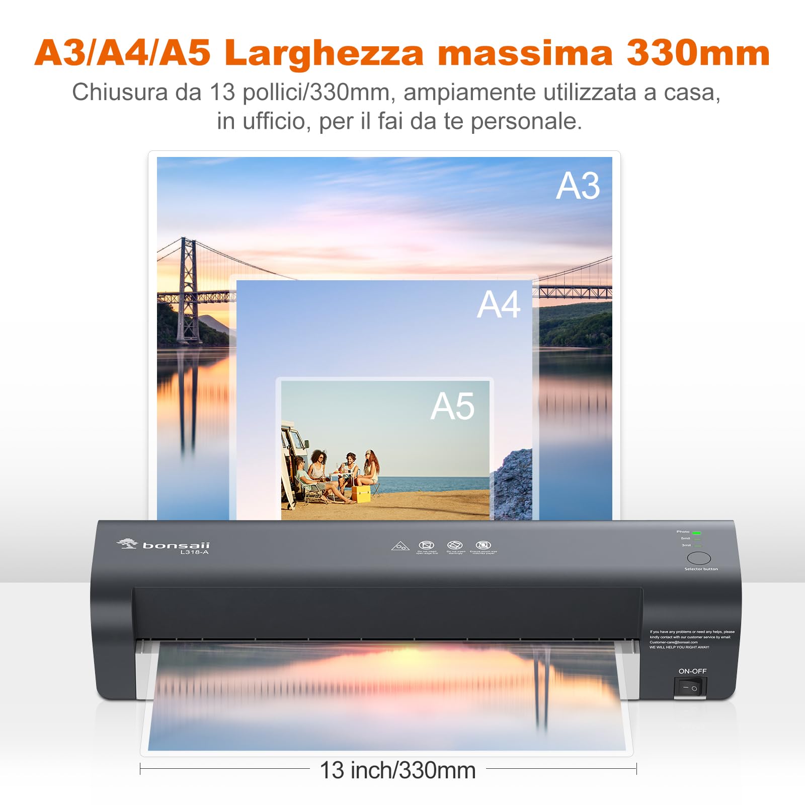 Bonsaii plastificatore A3, 5 in 1 con 10 pezzi di pellicole di laminazione A5 A6, plastificatore con taglierina per carta e arrotondamento degli angoli, protezione da inceppamenti(L318-A)