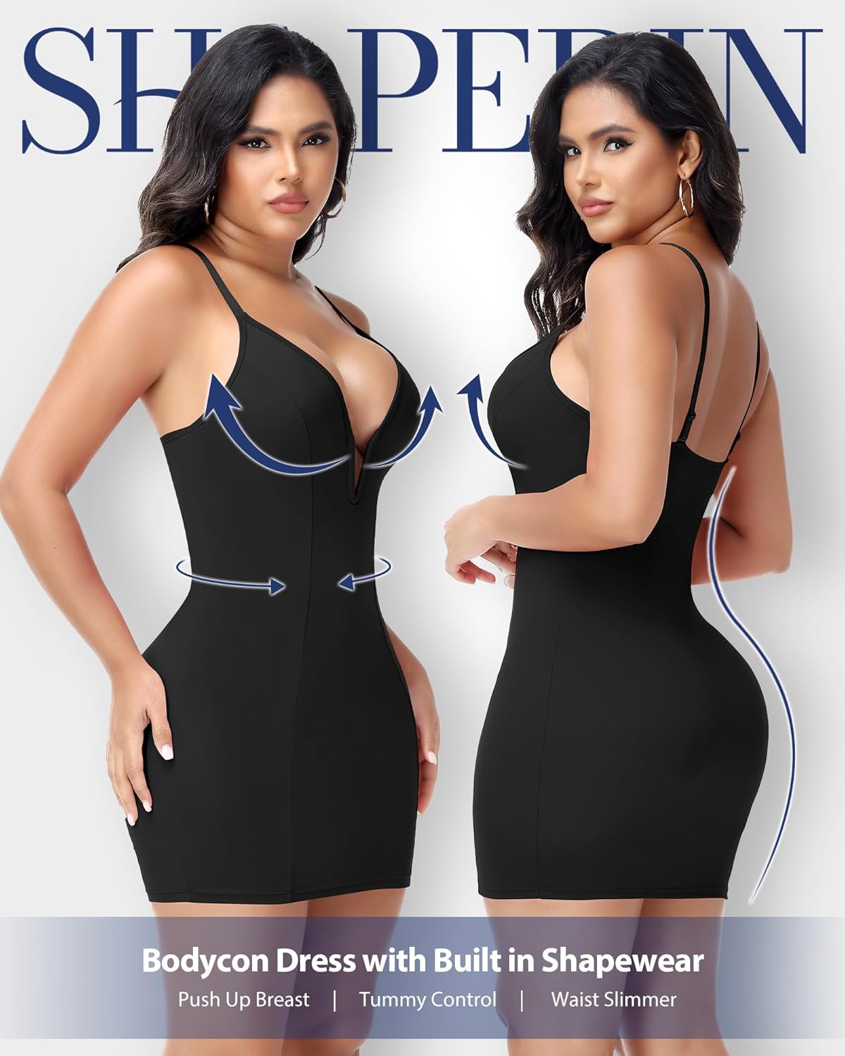 SHAPERIN Women Dress with Built in Shapewear Sexy Deep V Neck Bodycon Cocktail Party Mini Dress - Image 3