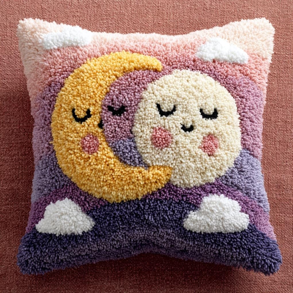 Henypt Latch Hook Cushion Kit 43x43cm,Moon and Clouds Beginner Friendly Needlecraft Set,Adult Craft Hobby kit,Easy Latch Hook for Home Decor,