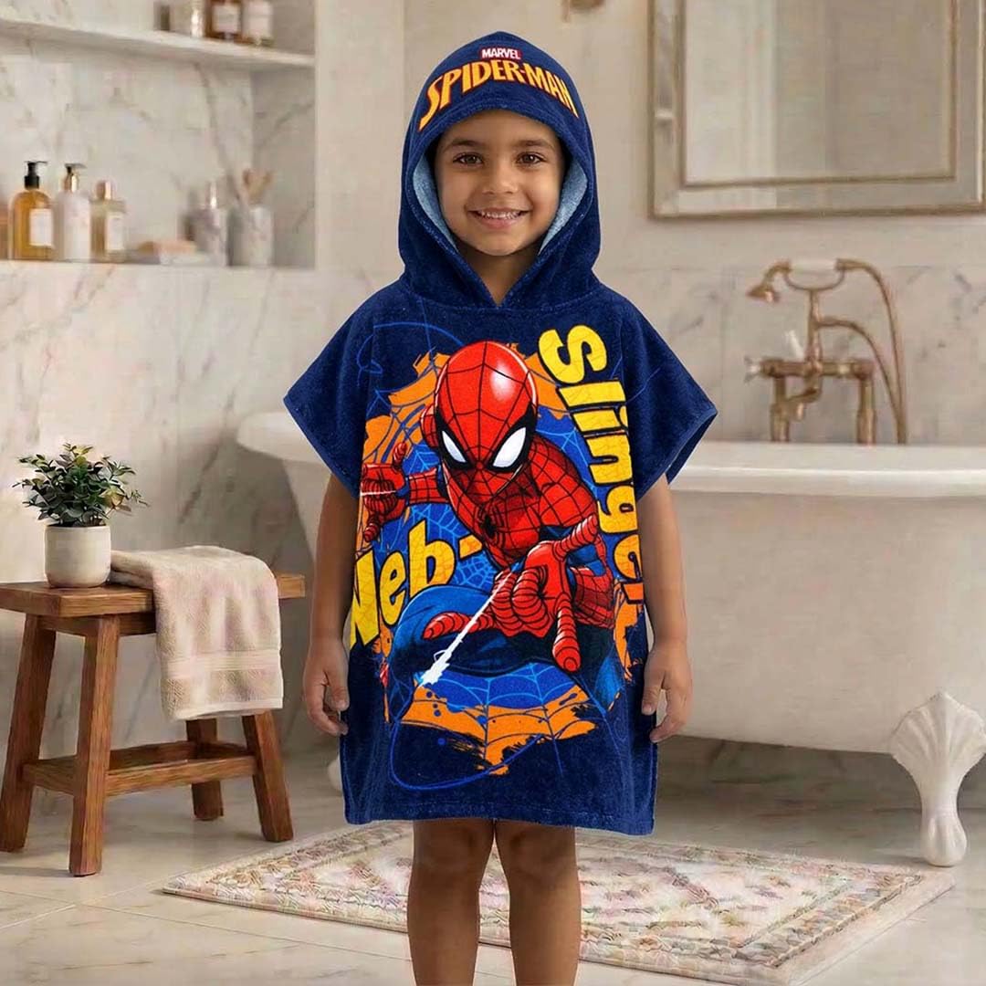 Athom Living Hooded Poncho Towel for Kids | Quick Dry, Highly Absorbent Pure Cotton Bath Towel | Soft Lightweight Baby Wrap for Beach | 60x120cm, 350 GSM (Spiderman-Blue)-image-2