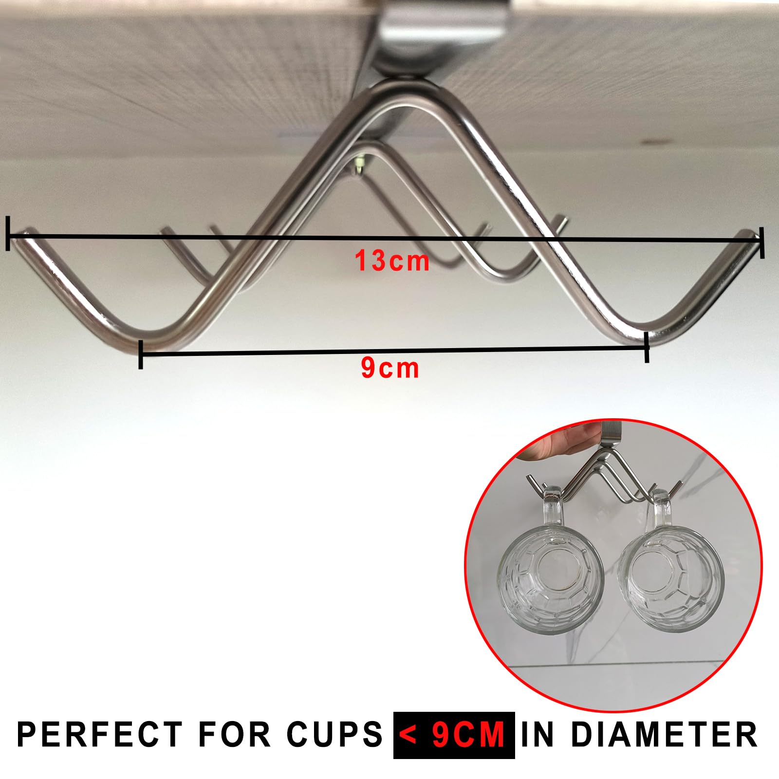 Soporte para tazas de café y utensilios de cocina, 6 ganchos, color plateado