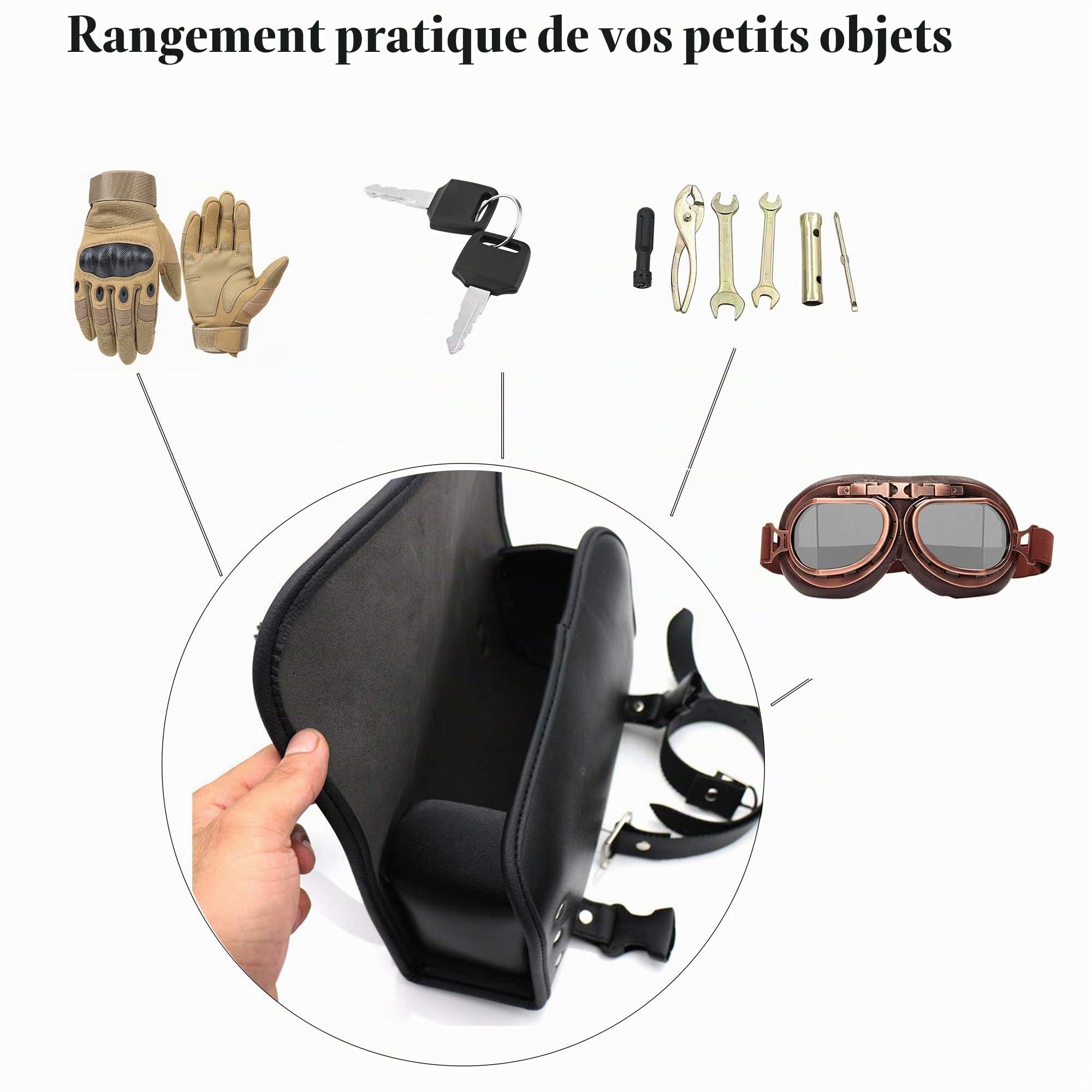 Sacoches Moto Sac à Outils Rond Sac Fourchette en Cuir PU - Noir