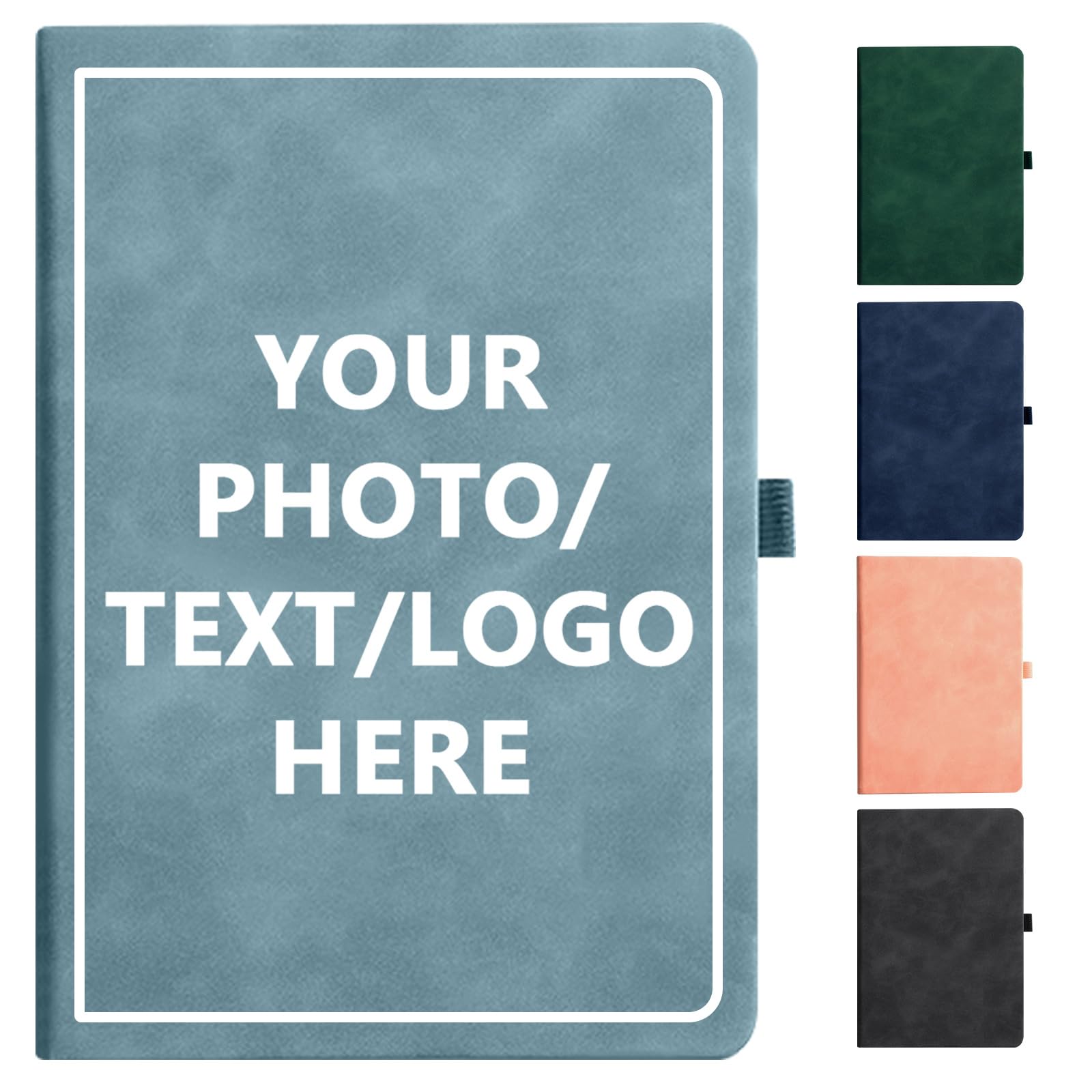 Vebermo Personalized Notebook Custom Journal Notebook PU Leather A5 Can Embossed with Logo/Text/Image- 192 Lined Pages 8.3 x 5.9 Inch, Pen Loop, Elastic Band,Lakeblue Hardcover โ image 1