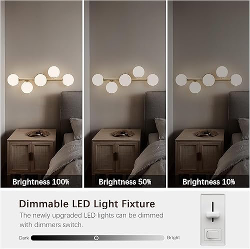 Miniatura 5 de Lámpara de baño, luz dorada cepillada sobre espejo con pantallas de vidrio blanco leche, apliques de pared LED regulables para pasillo, entrada,