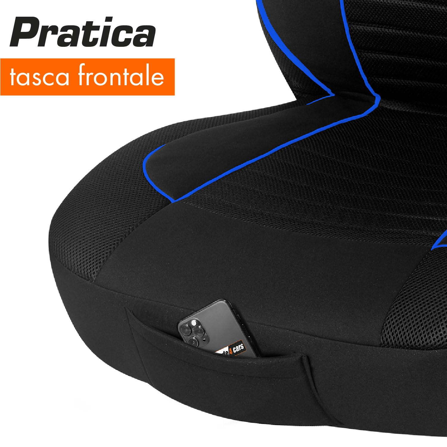 Upgrade4cars Coprisedili Auto Universale con Poggiatesta Integrato Nero Blu | Set Copri-sedile Universali per Anteriori e Posteriori Poggia-testa non Rimovibili/Fissi