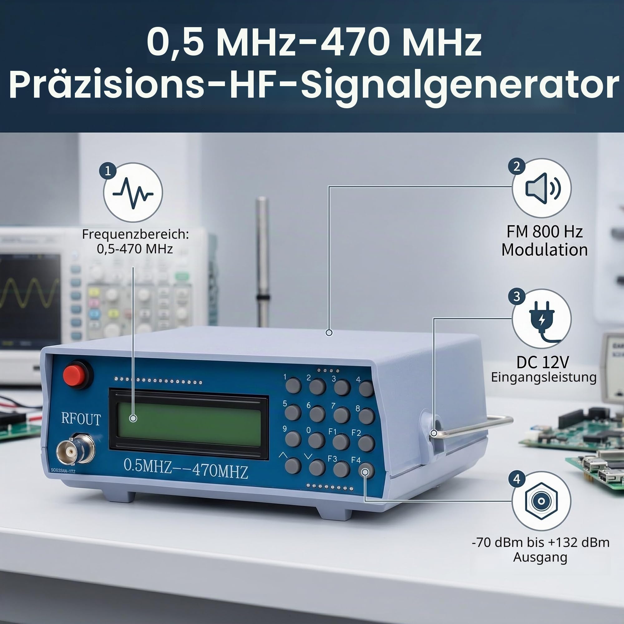 Funktioneller Signalgenerator, 0,5M-470MHz Frequenz-Signalgenerator FM-Radio-Signalgenerator Intercom Signal Generator Messgerät Tester für drahtlose Kommunikation, Luft Raumfahrt