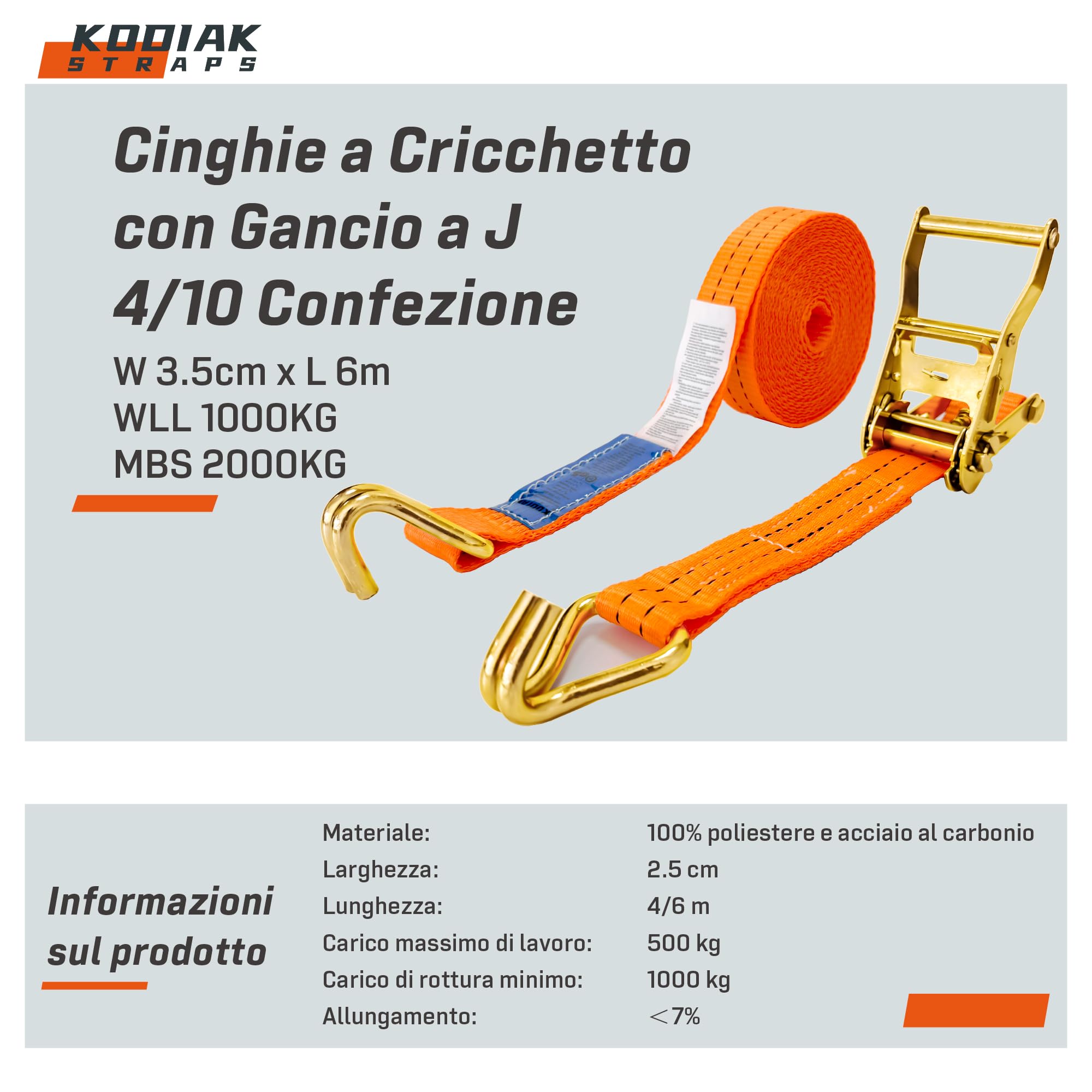 10 Cinghie di Tensione 6m x 2000kg con Cricchetto e Ganci - Cinghie a Cricchetto da 35mm - Cinghia Arancione per la Sicurezza del Carico - Certificato TÜV/GS e secondo DIN EN 12195-2 - KODIAK STRAPS