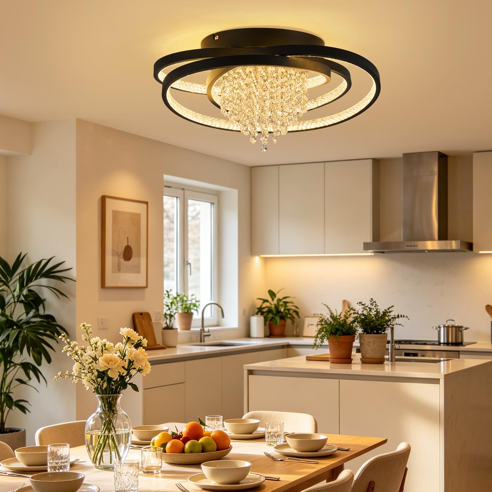 ZMH Deckenlampe Kristall LED Deckenleuchte Wohnzimmer Morden Schwarz | Wohnzimmerlampe 40W 3000K Warmweiß Licht Schlafzimmerlampe Groß Kristalleffekt Design Schlafzimmer Lampe Decke Esszimmer
