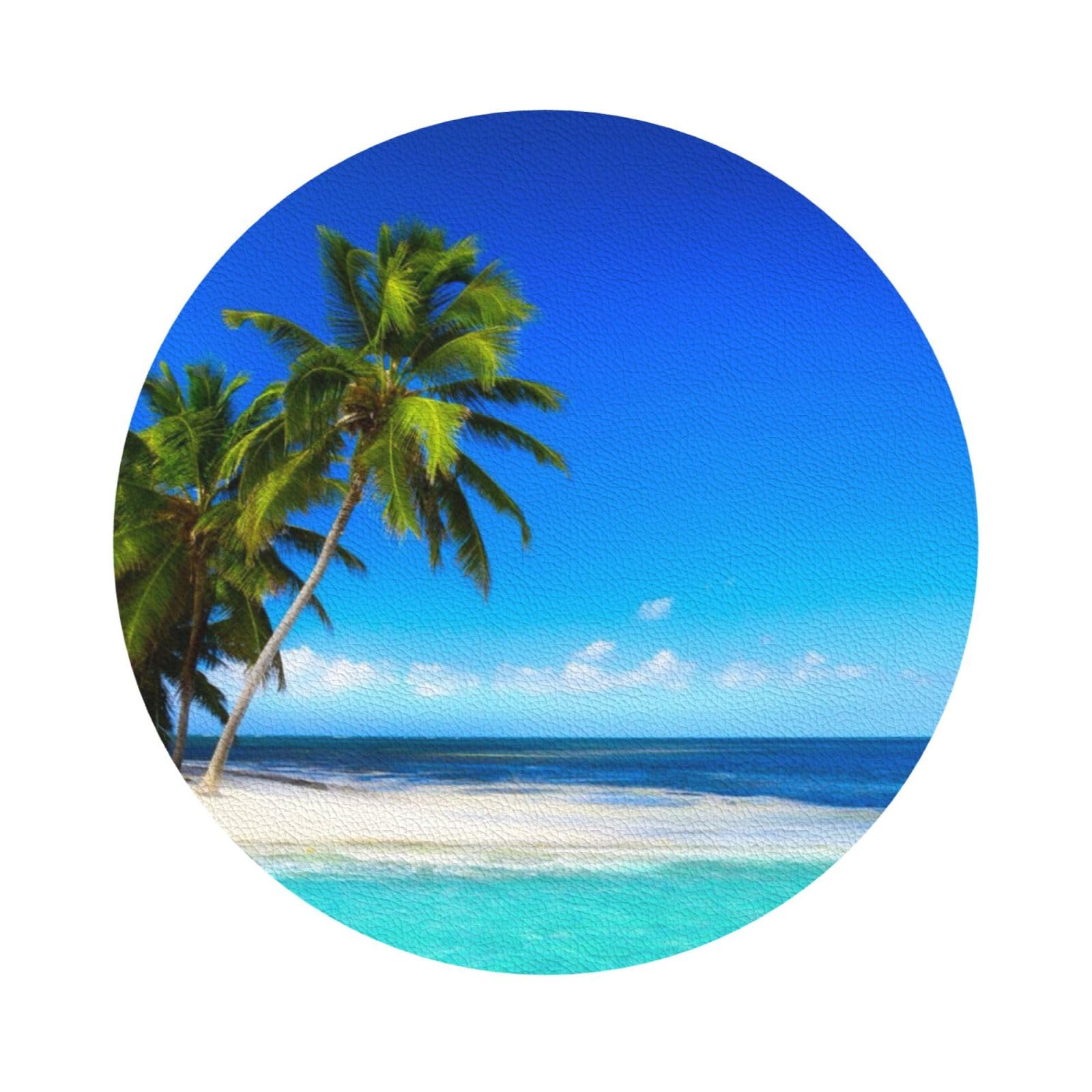 Palm Trees and Clear Sea PU Leather Coasters Set of 6 Round Drink Coasters