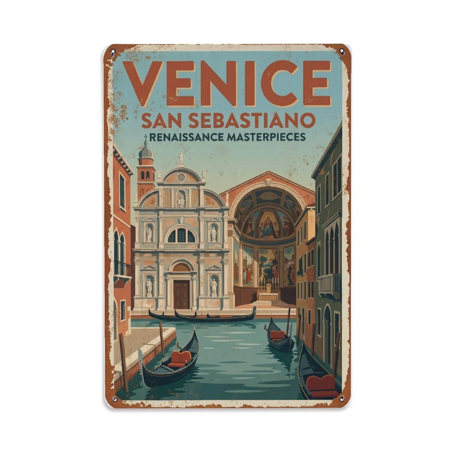 Vintage Travel Venice San Sebastiano Church Renaissance Art Rusted Italy Metal Tin Sign Plaque Wall Decor for Cafe, Club Bar, Office, Home Garden Metal Poster 8x12Inch