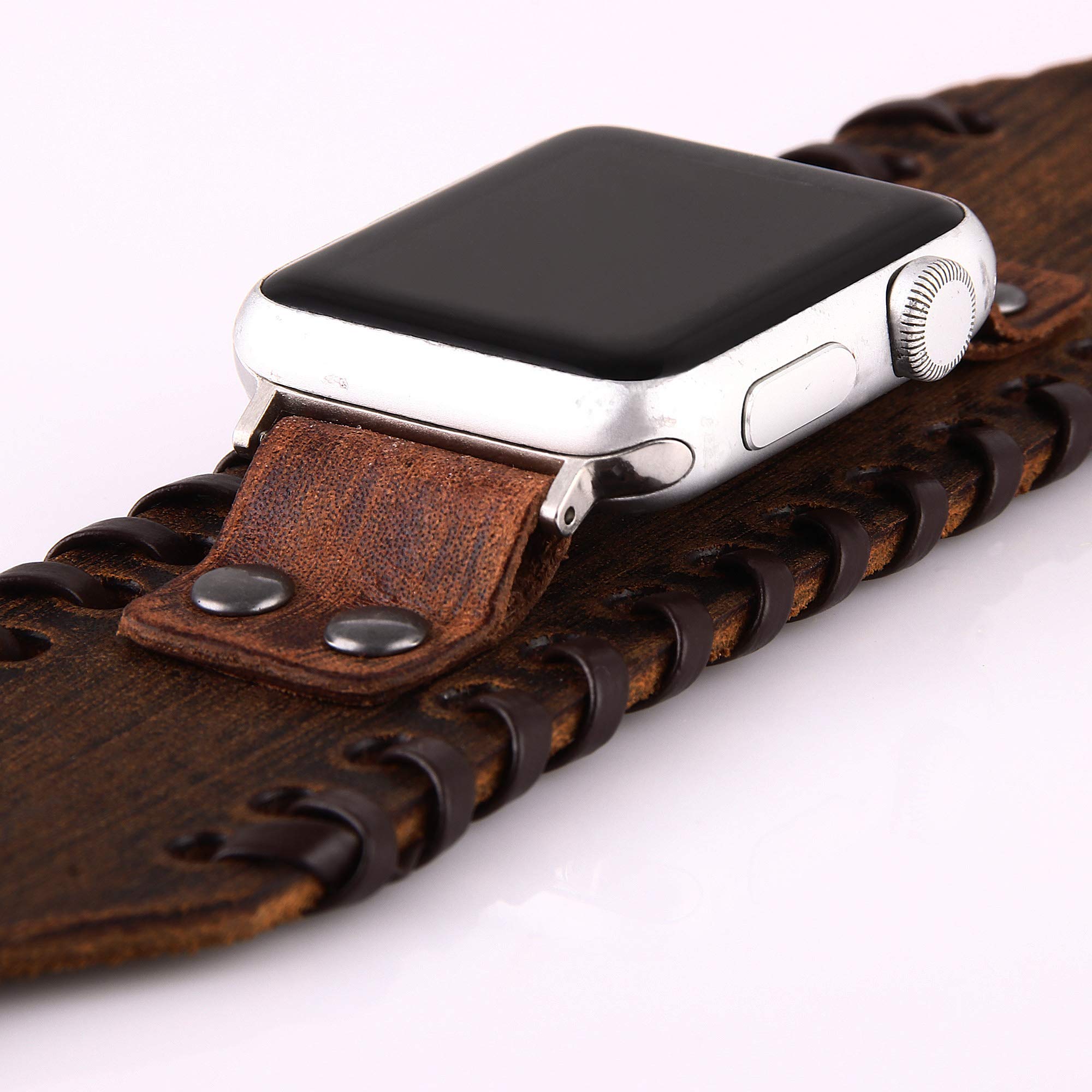 VIQIV Pulsera ancha de cuero compatible con Apple Watch de 38 mm, 40 mm, relojes deportivos para hombres y mujeres, correa de muñeca de repuesto unisex retro para iWatch Series SE 6/5/4/3/2/1, marrón