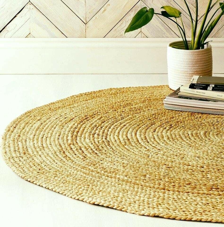 EcoKunst Jute Teppich Rund Wohnzimmer| Ø 80 cm| Modern Handgefertigt 100% Naturfaser Läufer | Boho...