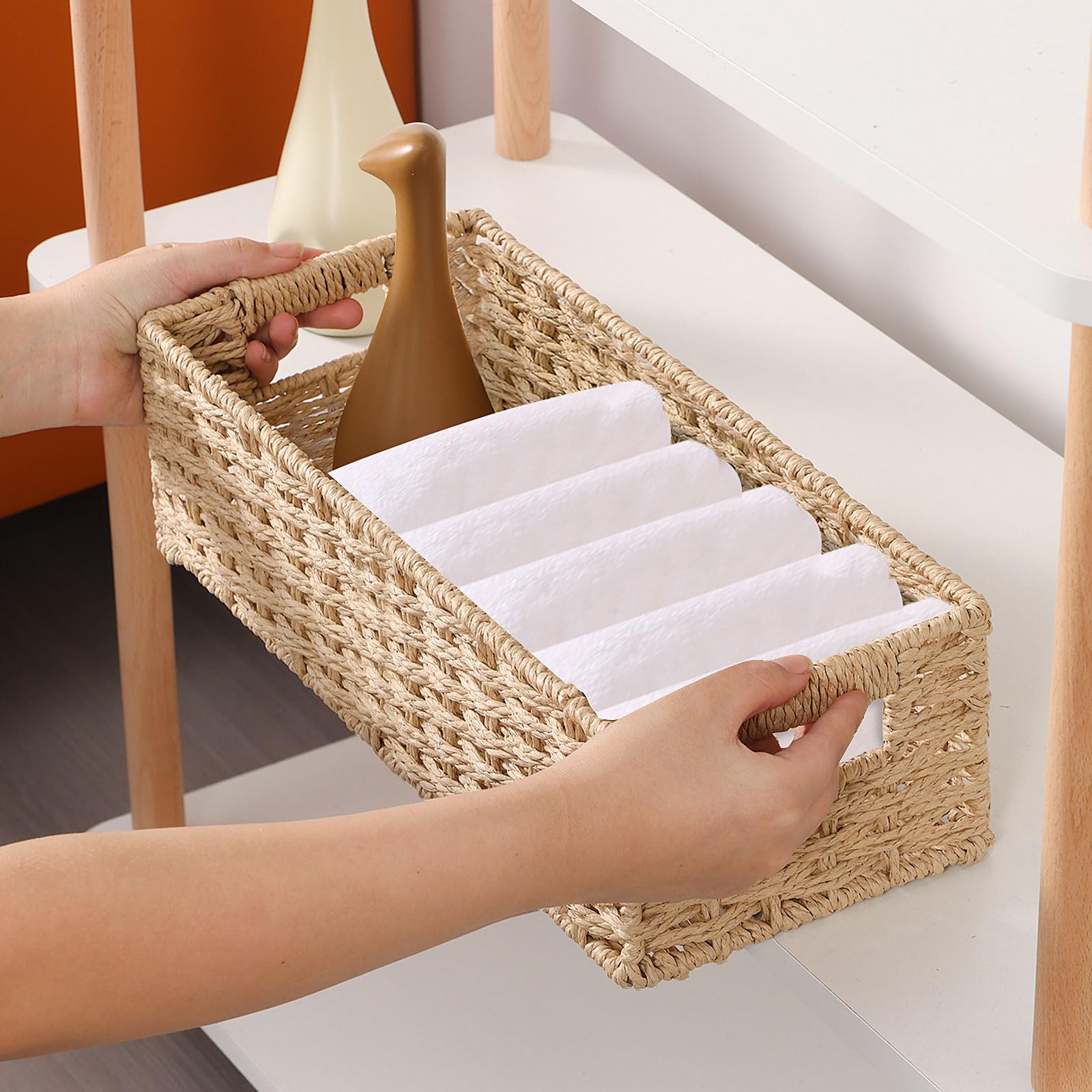 Panier Rangement Avec Poignées, pour Penderie, Salon, Dressing, Chambre, Ensemble de Deux, Grand 37×16.5×11cm, Petit 33×12.5×10cm, Naturel