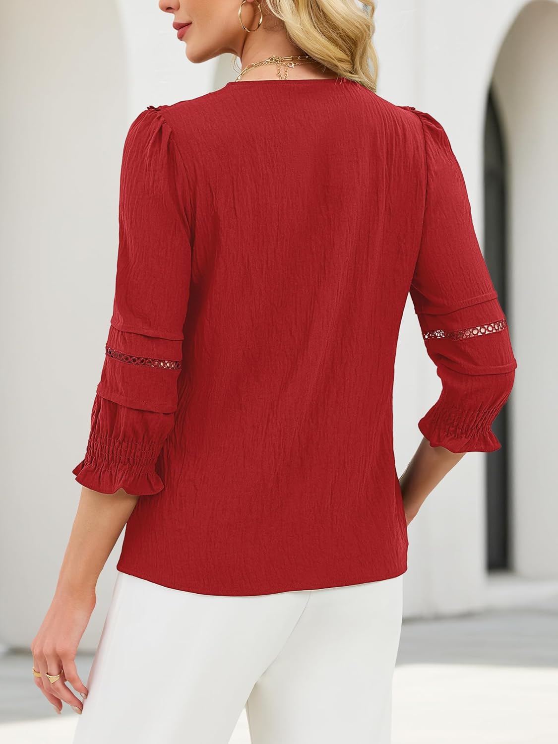 Funlingo 3/4 Length Sleeve Womens Tops Ruffle V Neck Blouses for Women Dressy Casual Lace Crochet Shirts with Smocked Cuffs - Image 4