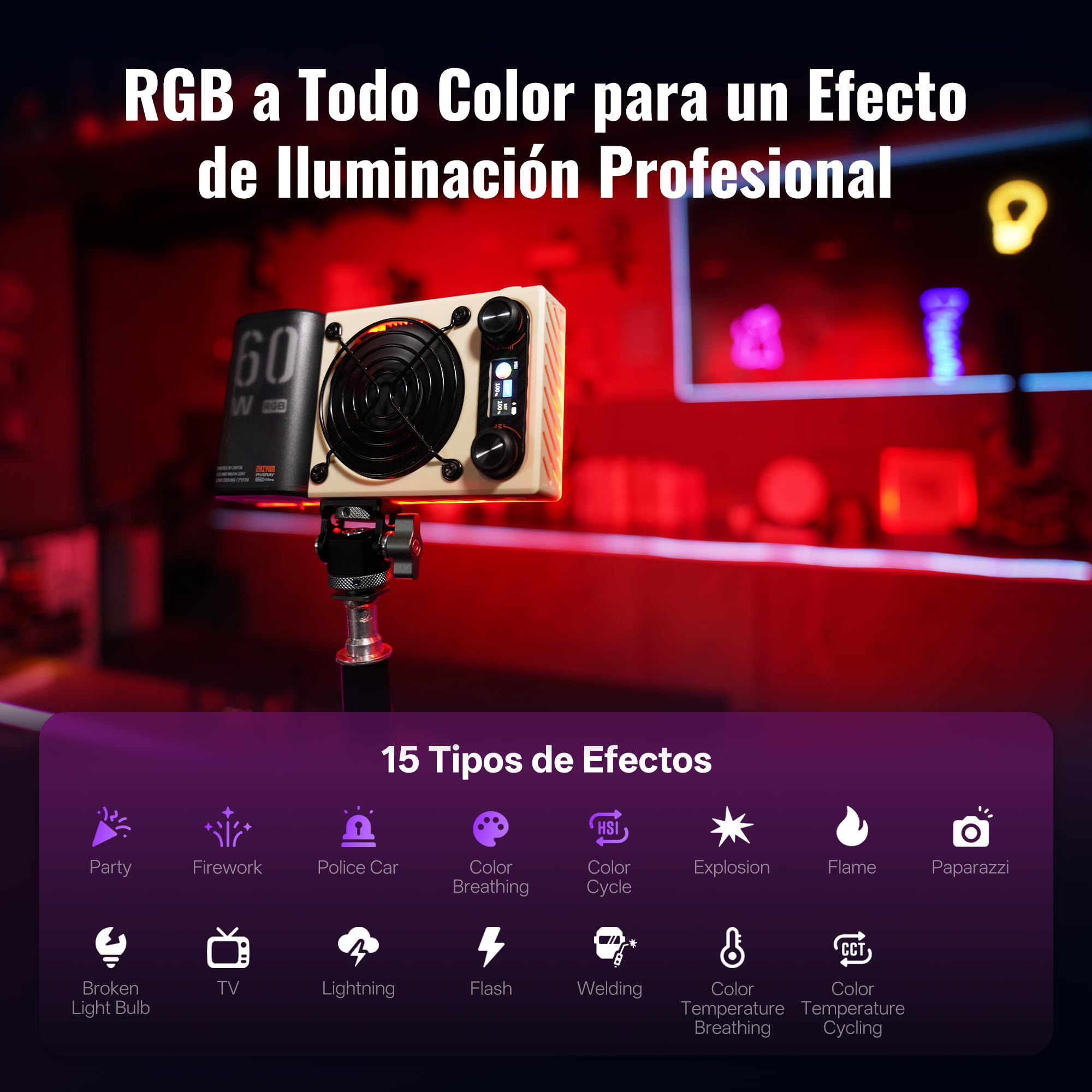 ZHIYUN FIVERAY M60 Ultra 60W RGB Luz de Video [Oficial] Luz Portátil para Cámara con Zapata Fría, Montaje Magnético, App Control &Amo-Esclavo, 2500K~10000K, Luz de Fotografía para Youtube Volg, 430g