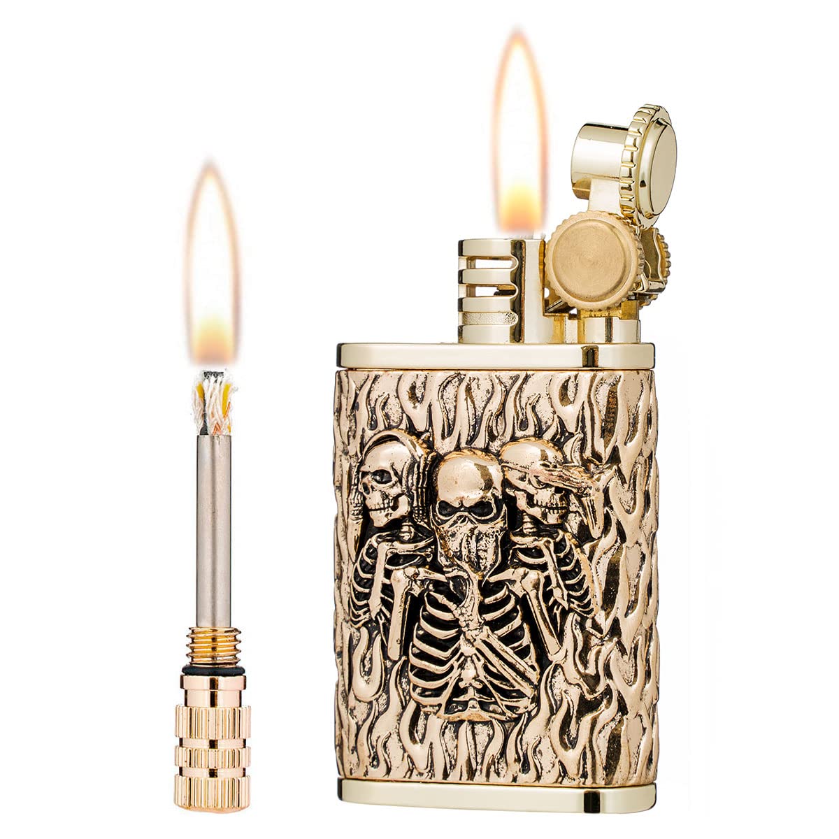 Ruixi Gold Skulls 2 In 1 Lighetr Permanent Match Antique Style Flint Wheel Kerosene Lighter With Permanent Match (Gold Skulls)