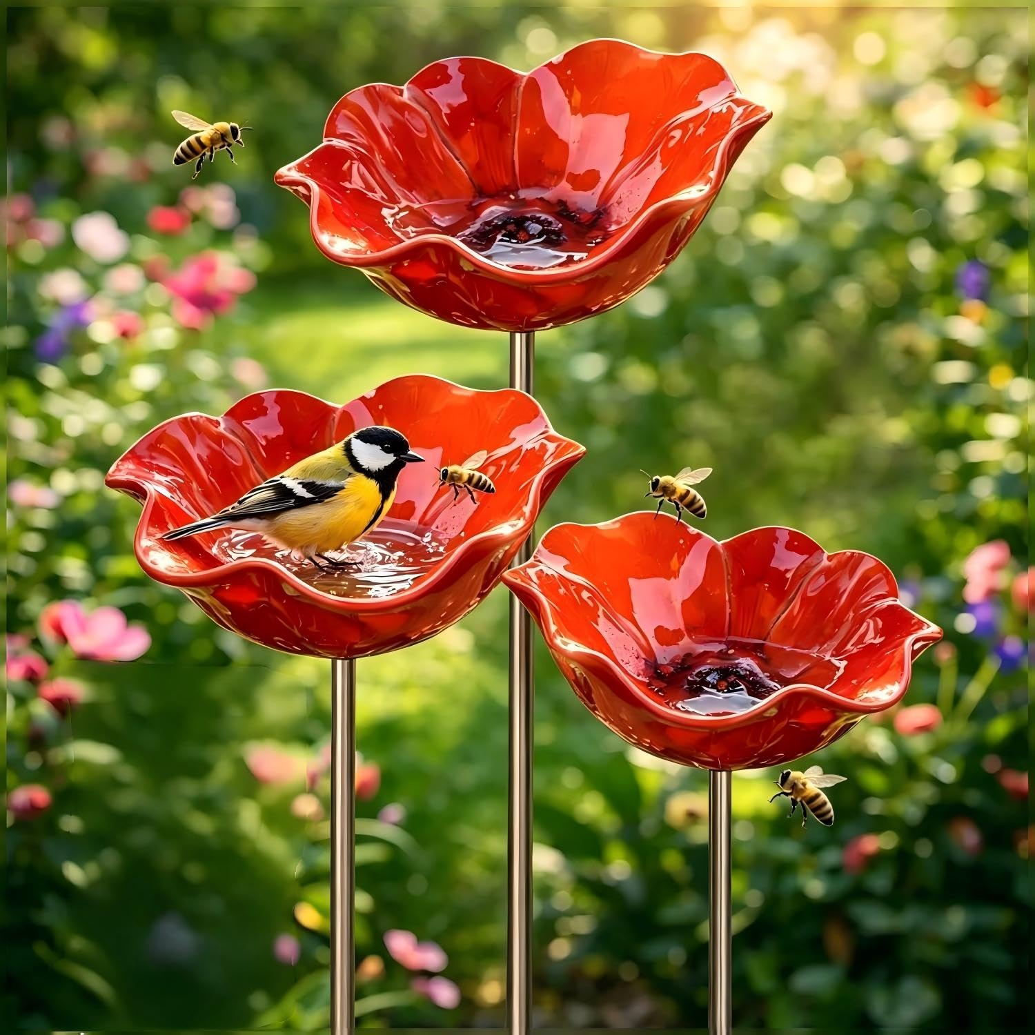 ghfdaz Garden Bird Bath And Feeder, Handmade Metal Flower Garden Stake, Bee Watering Station & Bird Water Bath,Style3