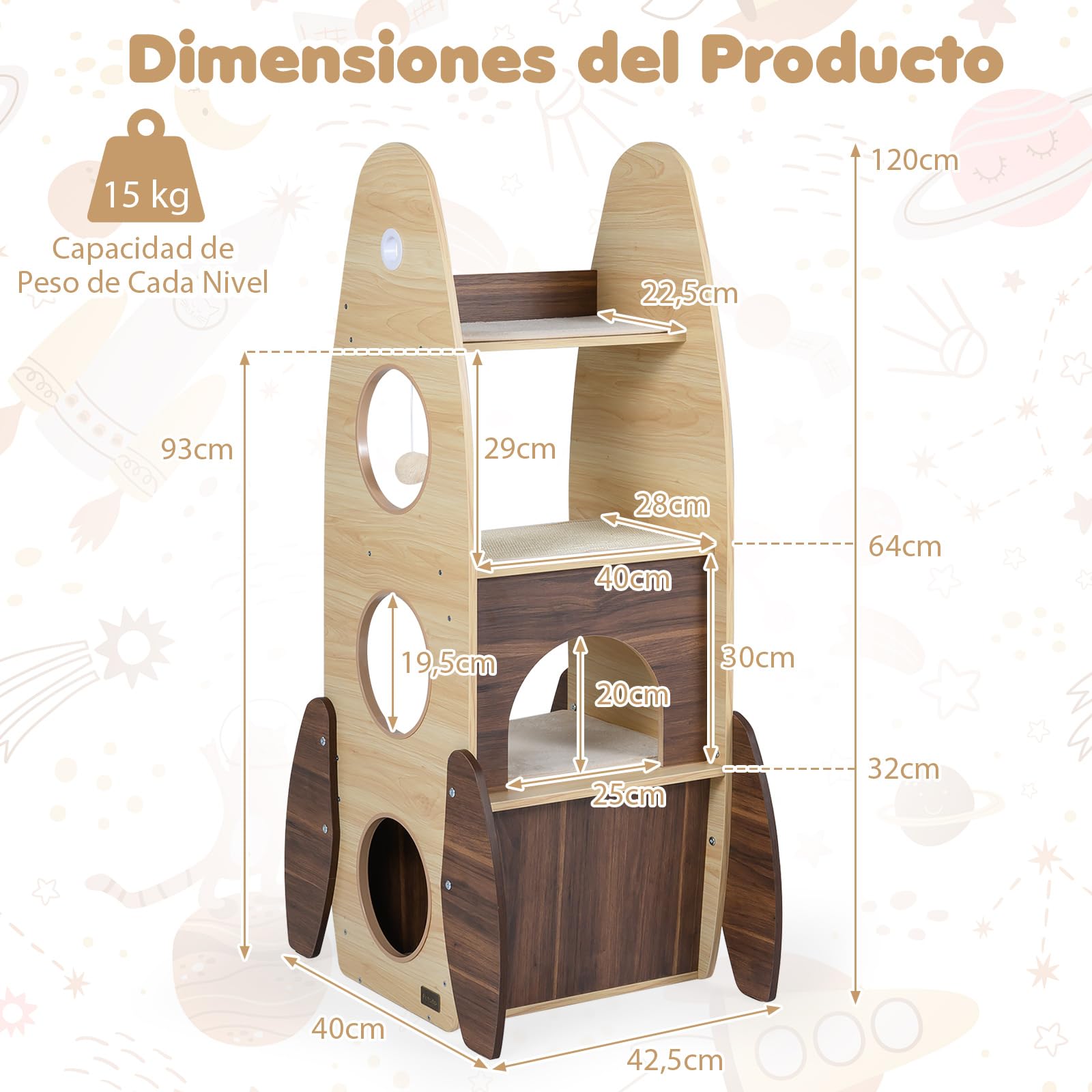 COSTWAY Árbol Rascador para Gatos en Forma de Cohete, Torre para Gatos de Madera con Condominio de 2 Plantas, Percha Superior, Rascador de Sisal, Plataforma Acolchada, Bola Colgante, Natural y Blanco