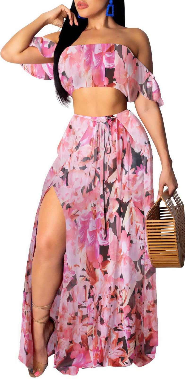 SxClub Women's Beach Dress 2 Piece Off Shoulder Top Long Maxi Skirt Sets
