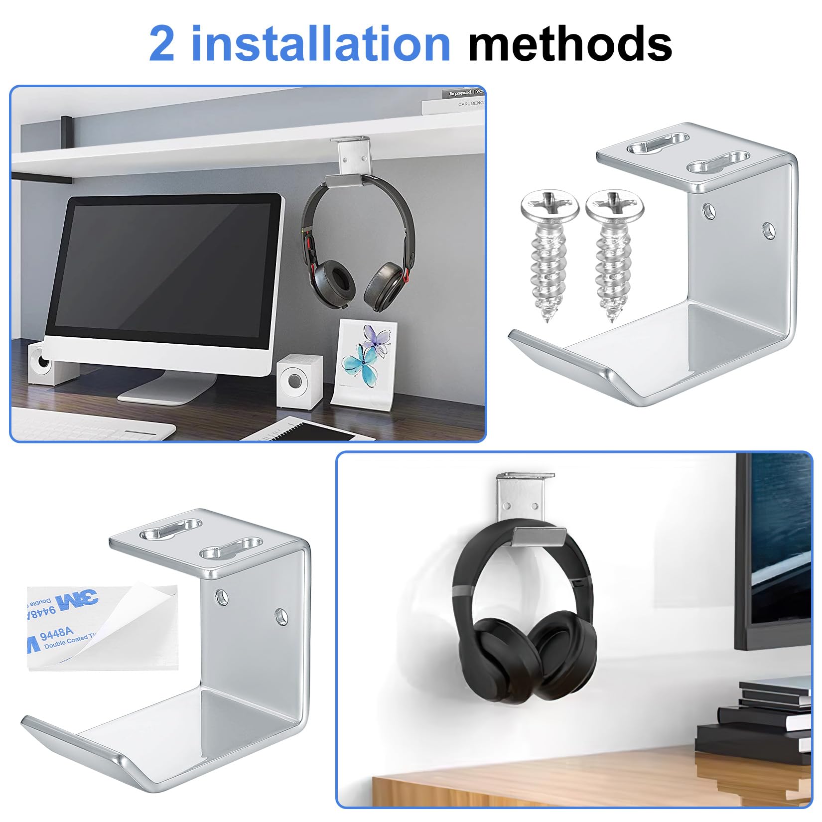 Ganci Per Cuffie Da Scrivania - 2 Pezzi Con Nastro Adesivo E Viti, Supporto Parete Per Cuffie Wireless E Cablate - Foto 5