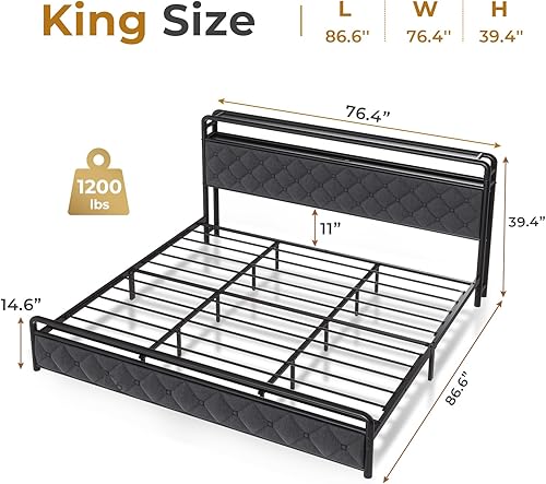 Miniatura 2 de Base de cama King con luces LED, cama de plataforma tamaño King con almacenamiento de cabecera de 2 niveles, estación de carga tipo C y USB, tela de