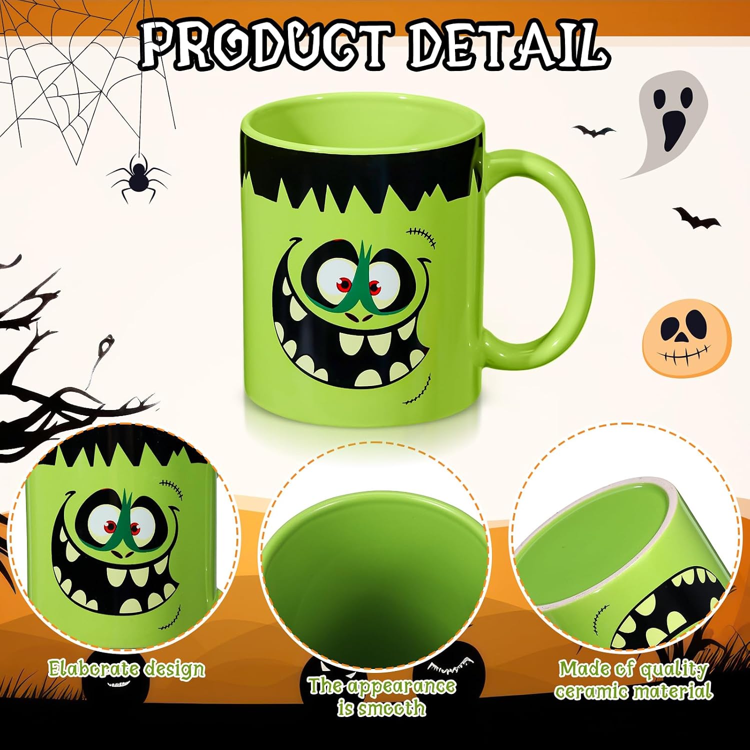 Uiifan Halloween Mug Set of 4, 11oz Halloween Coffee Mug Pumpkin Cat Monster Ghost Holiday Coffee Cup for Party Decor Table Centerpieces Home School Office Housewarming Gift