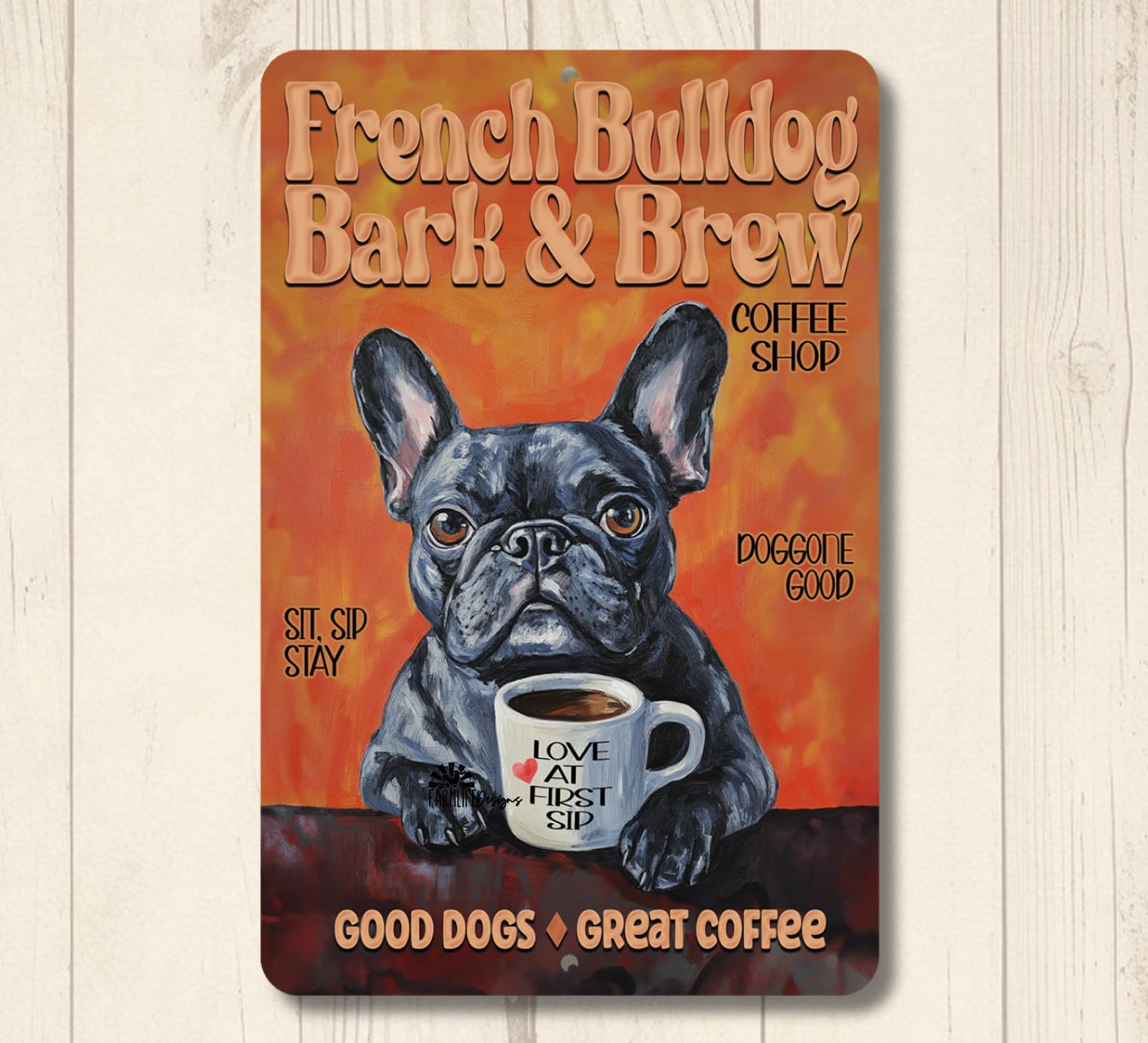 French Bulldog Coffee Bar Sign Bark & Brew bull dog funny metal tin kitchen gift home decor
