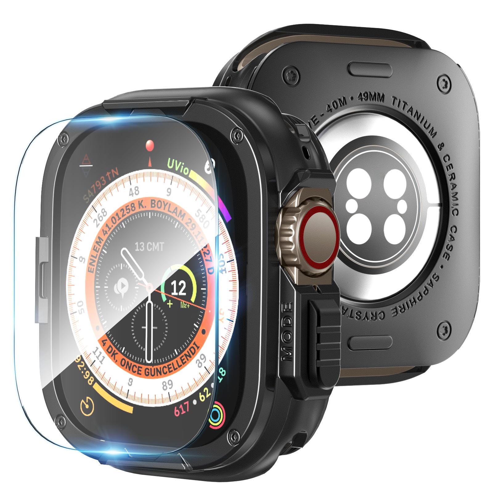 Photo 1 of Zumyzu Titanium Rugged Case Compatible with Apple Watch Ultra 4/3/2/1 49mm, 2 in 1 Full Coverage Metal Cover with Screen Protector, Lightweight Protective Pure Titanium Bumper for iWatch Case Black