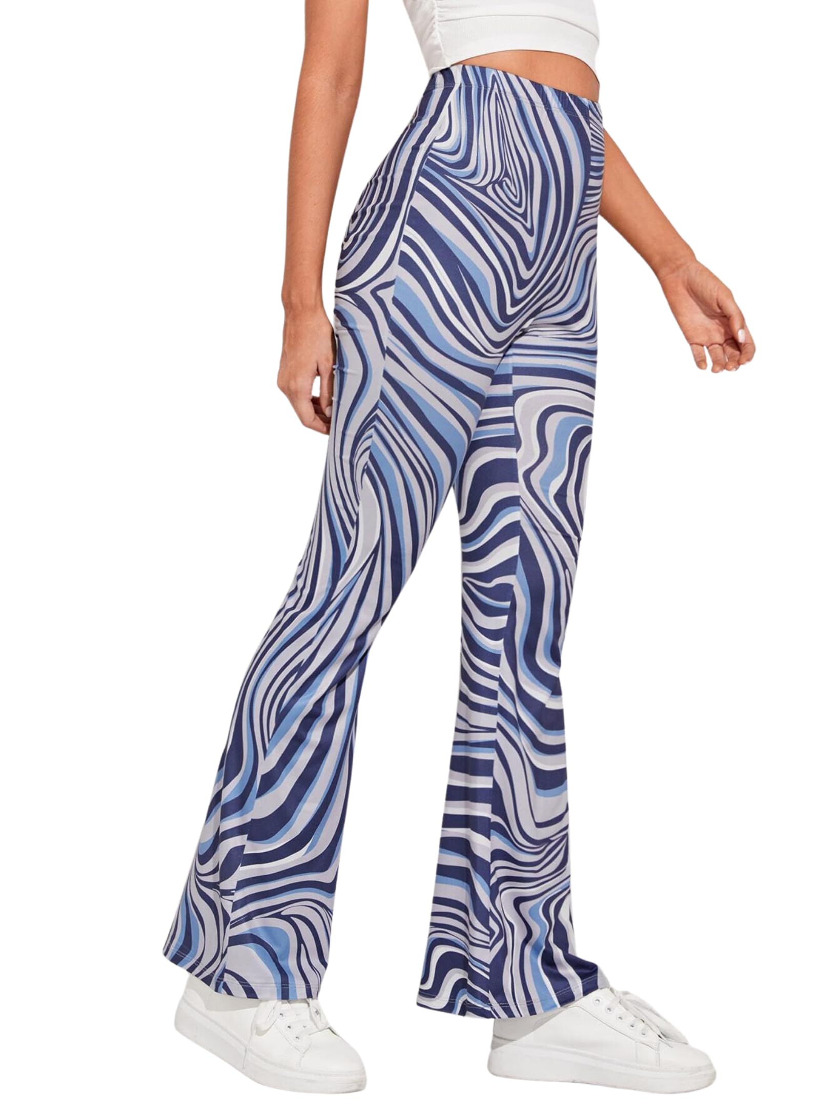 EVELUST Damen 70er Jahre Psychedelic Schlaghose – Hippie High Waist Retro Flared Pants Wellenmuster Vintage Partyhose Disco Karneval Hose Rave Festival Outfit Streetwear