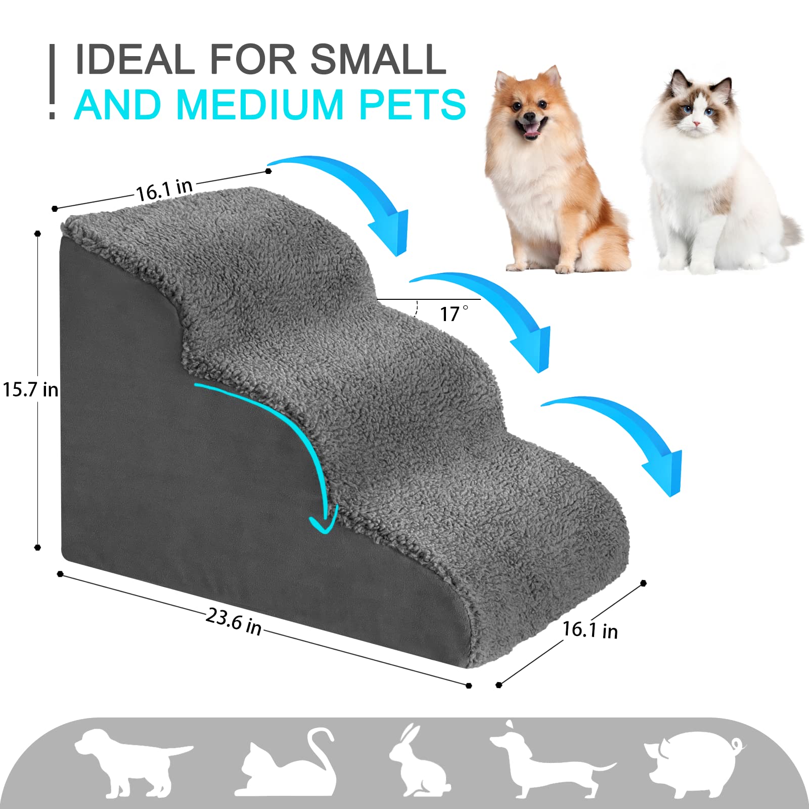 Amercot Dog Stairs for Small Dogs, Dog Steps Stairs Ramps for High Bed Couch, 3 Tiers High Density Foam Dog Ramp, Stairs for Dogs to Get on Bed, Pet with Joint Pain, Non-Slip Pet Steps for Older Pets