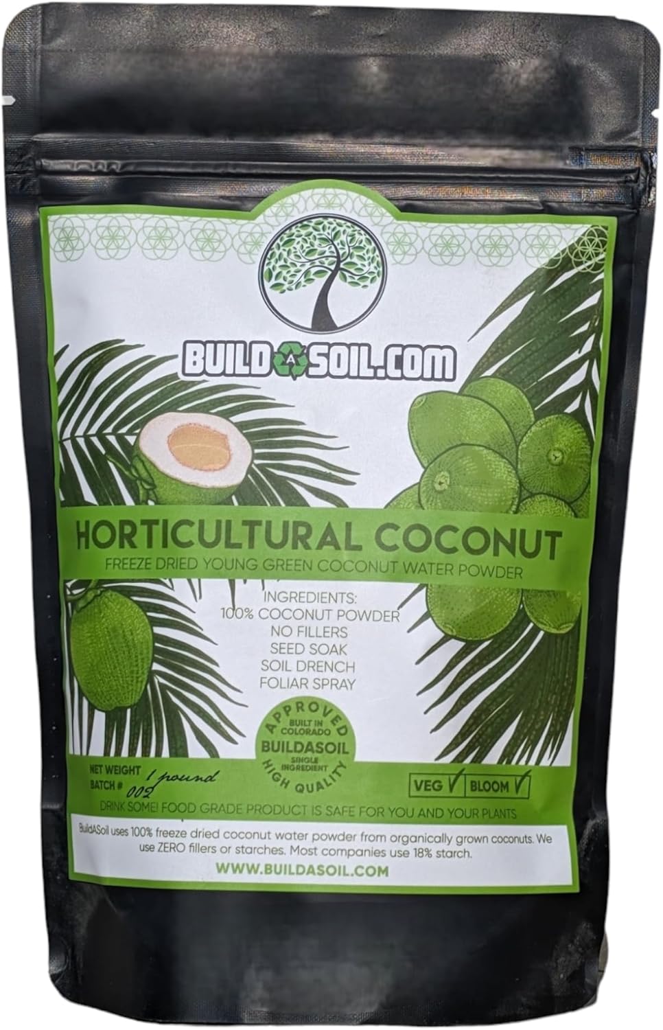 BuildASoil Coconut Water Powder for Garden - Raw Freeze Dried Organic (½ lb)