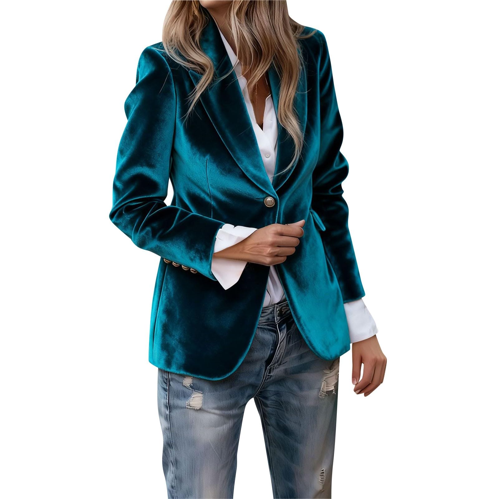 Womens Velvet Blazer Business Casual Long Sleeve Button Suit Jacket Work Office Coats Outerwear
