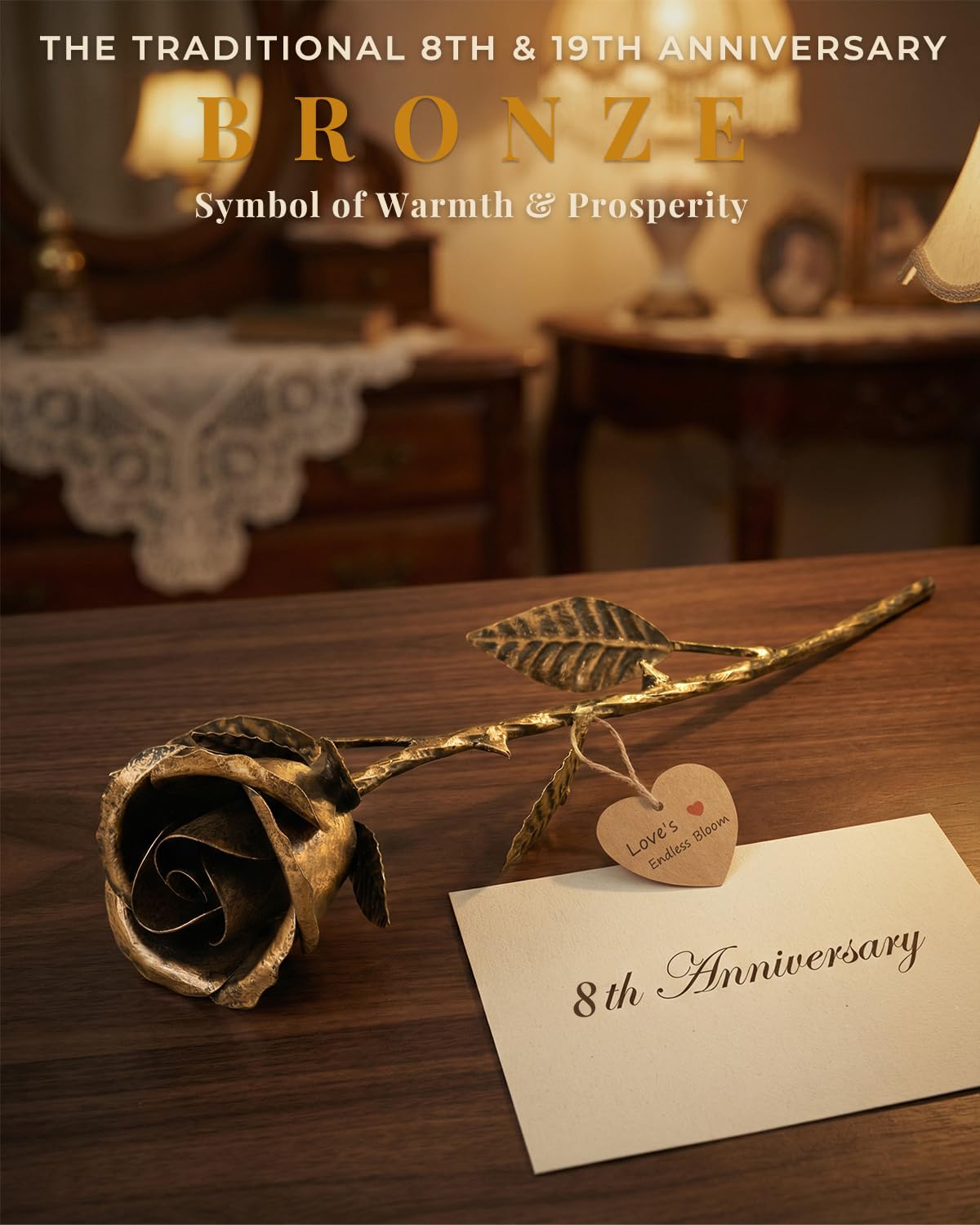 Handmade Bronze Rose - 8th & 19th Anniversary Wedding Gift for Wife - Solid Metal Flower Keepsake, 8 Year & 19 Year Wedding Anniversary Couples Gift