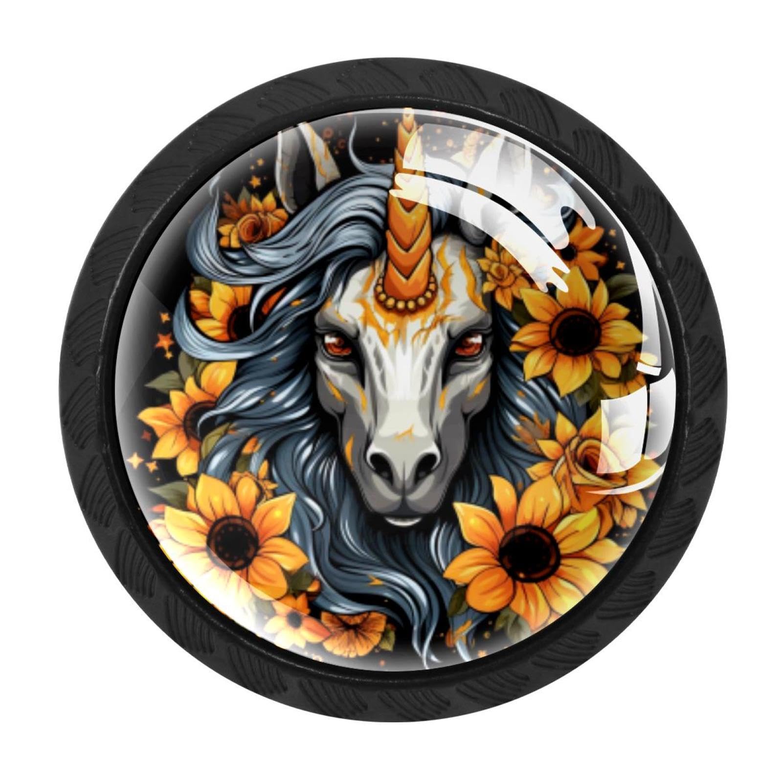 CHENZZZZ 4 Pieces Unicorn Skull Sunflower Drawer Knobs, 35mm Black Cabinet Knobs, Drawer Pulls and Knobs, Dresser Drawer Knobs, Cabinet Hardware Kitchen Cabinet Knobs