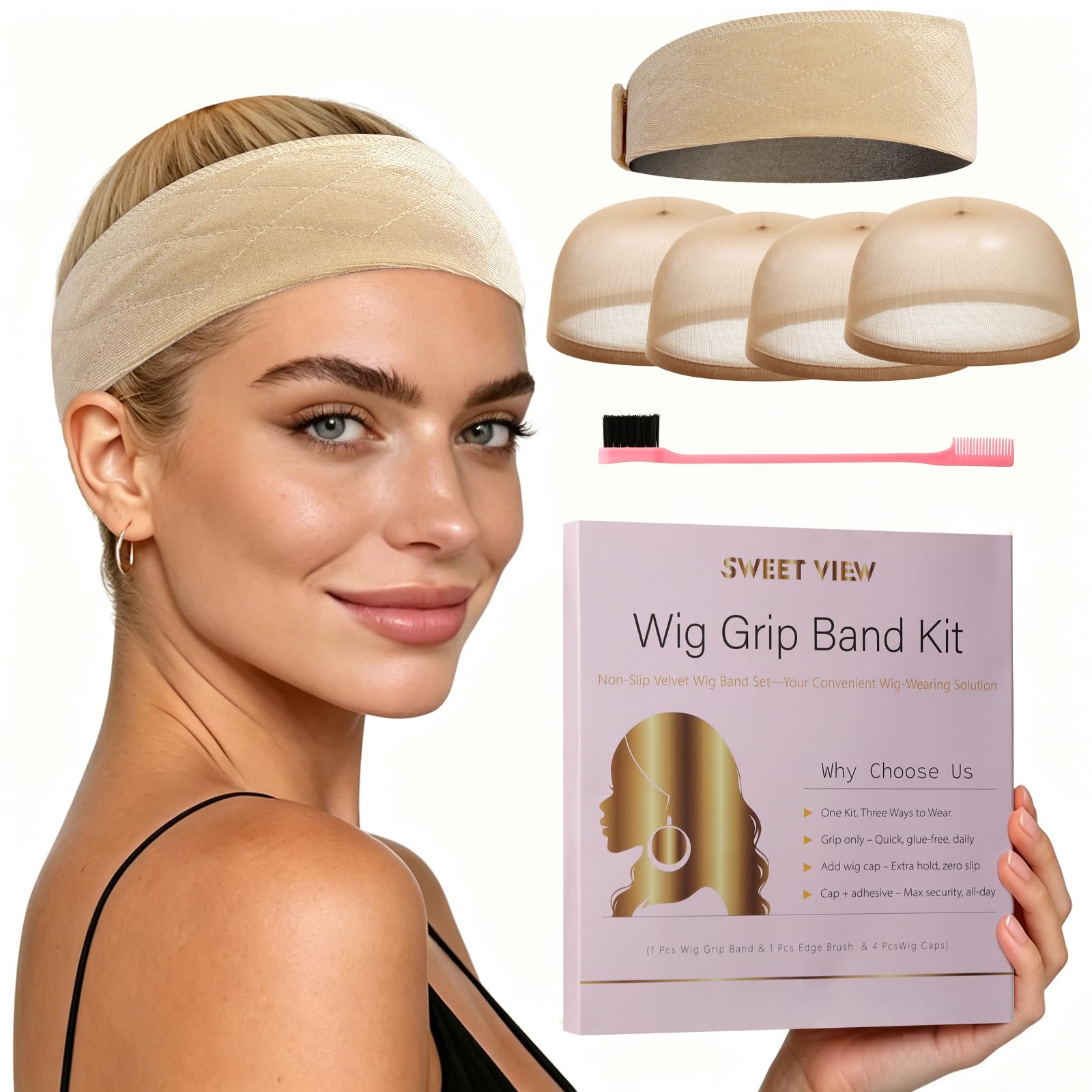 SWEET VIEW Wig Grip Band, Non-Slip Adjustable Headband for Lace Wigs, Nude