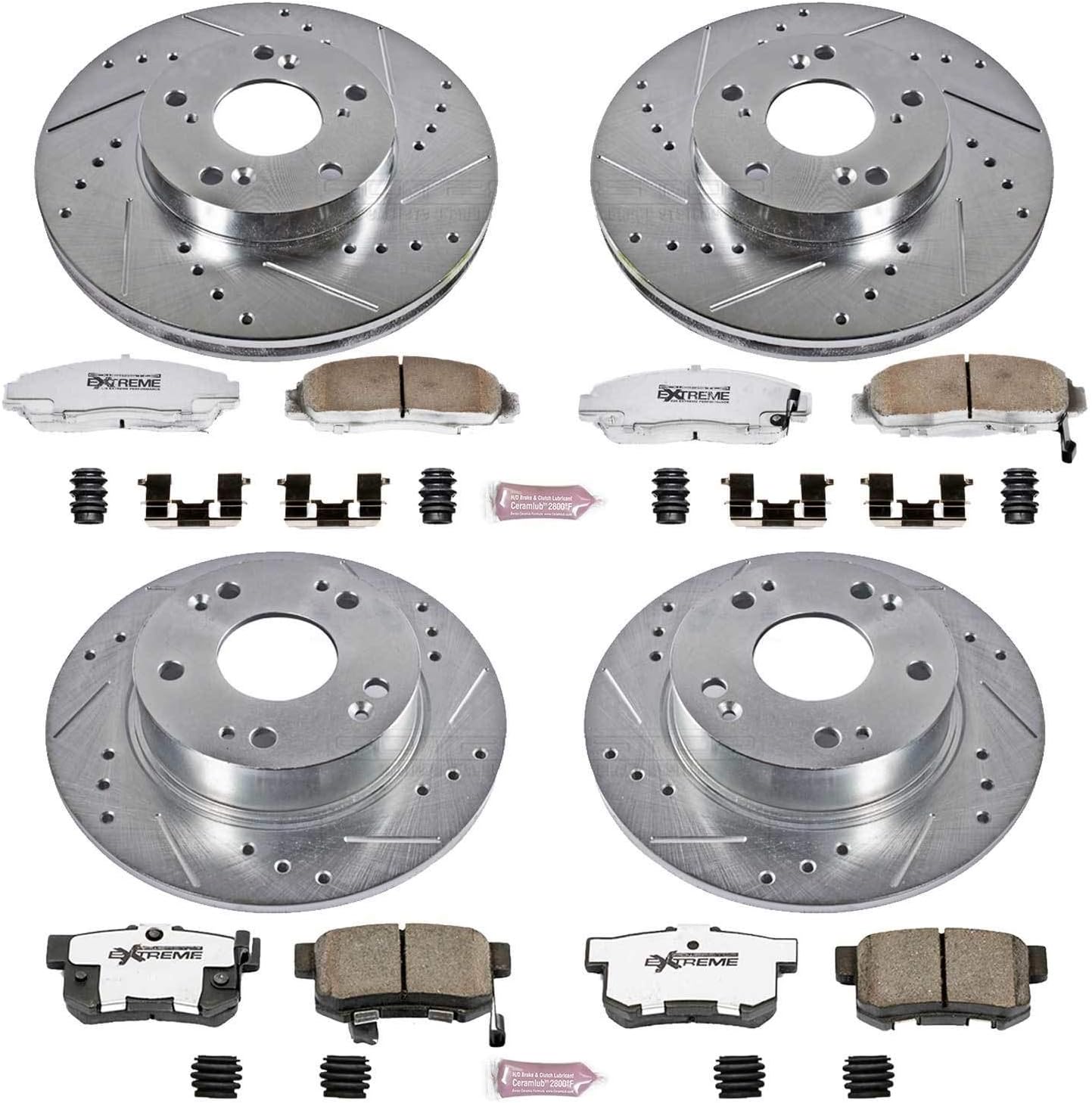 PowerStop Front and Rear Brake Kit For Honda Accord 2003-07 - Carbon Fiber Ceramic Brake Pads + Drilled & Slotted Rotors Upgrade, K2557-26