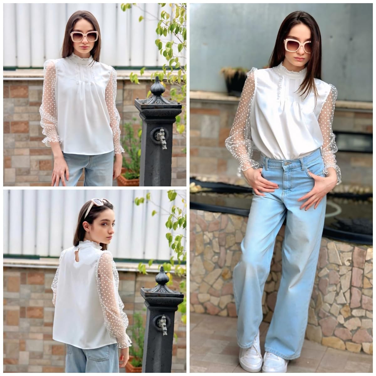 Rolanko Chemise à Manches Longues pour Filles Blouse en Mousseline Hauts Mignons à Col Volant et Pois Suisses
