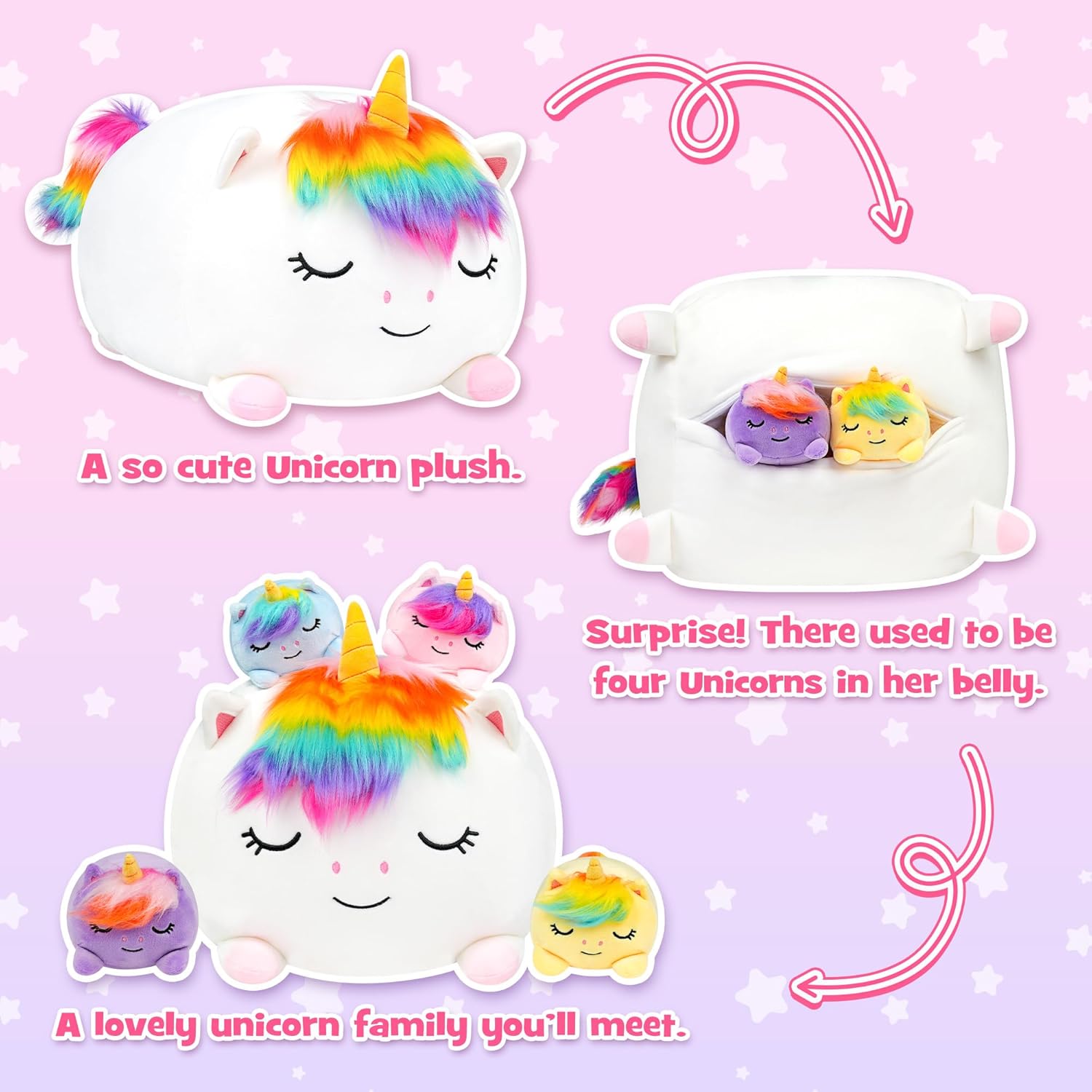 Unicorn Plush, Stuffed Animal Set with 4 Baby Unicorns, Soft Stuffed Toy Pillow, Pink Birthday for Kids Boys Girls