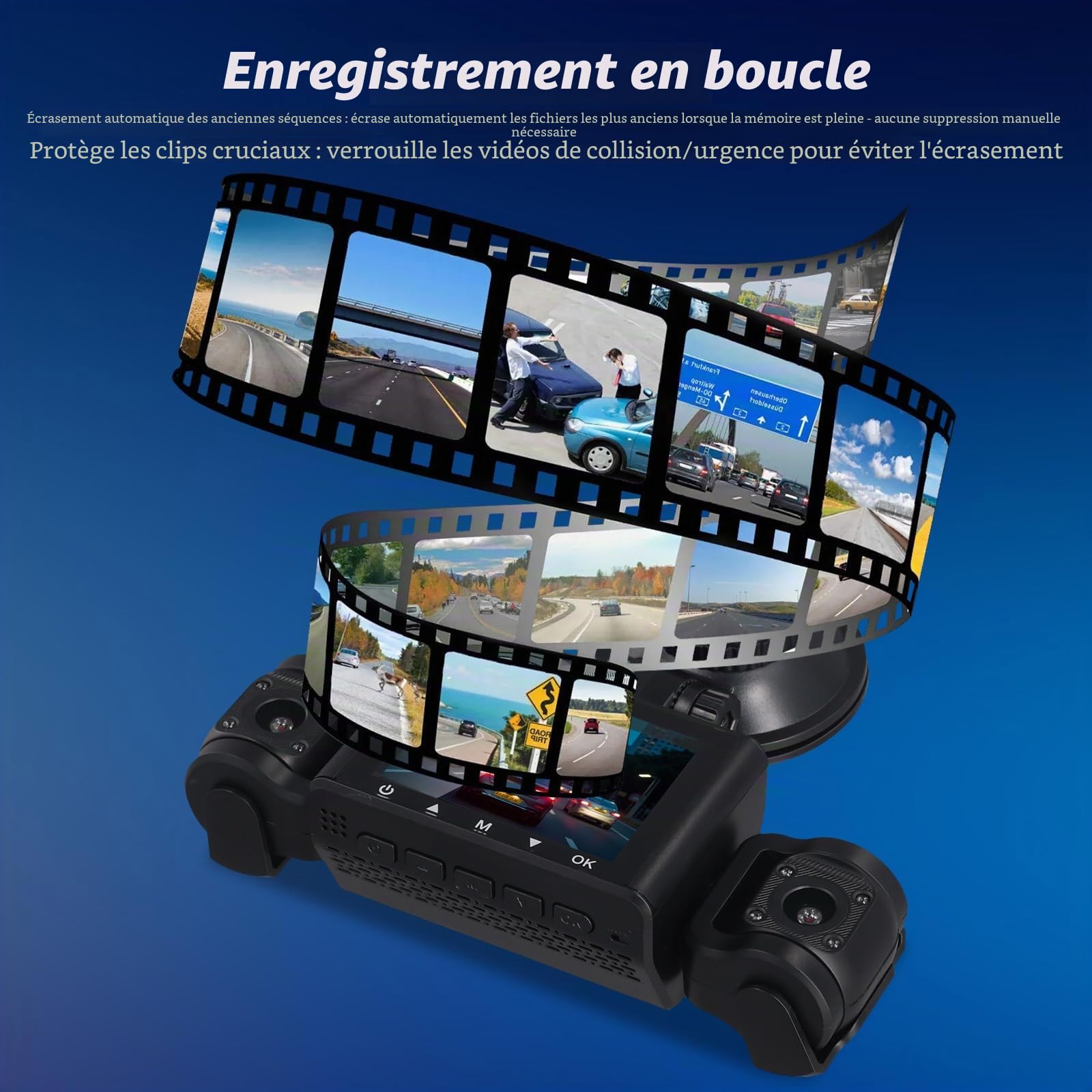 Dashcam Voiture 3 Canaux avec Carte 64Go – Caméra Embarquée Avant & Intérieur, Full HD 1080P, Vision Nocturne, Parking Mode, Détection de Mouvement, Mini Cam Voiture Rotative