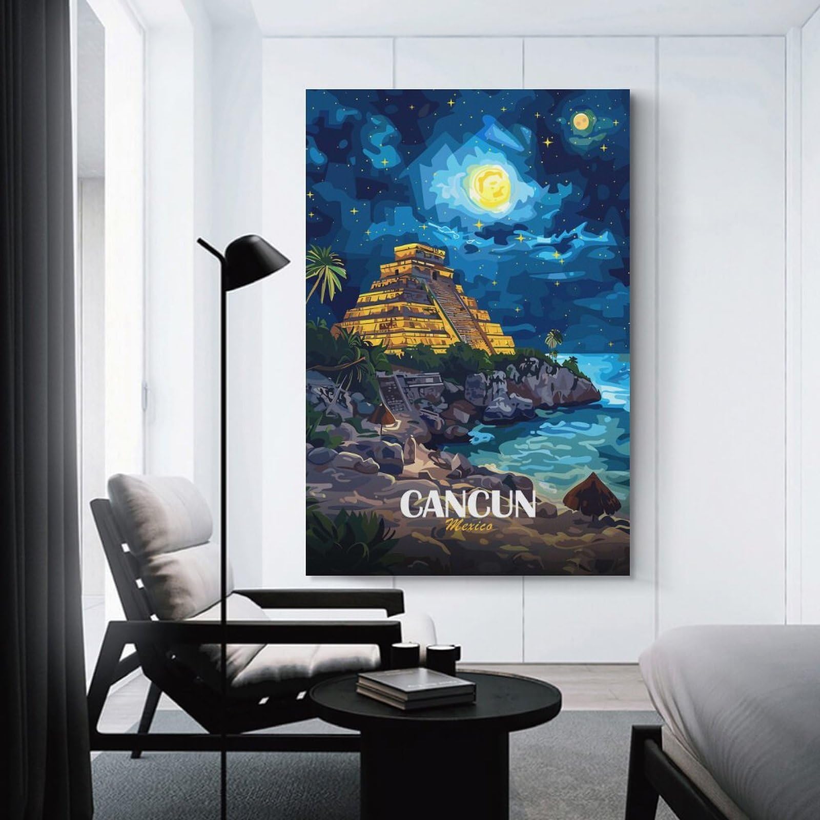 Junmoney Cancun Mexico Night Landscape Illustration Room Decor Wall Art, 24x36inch(60x90cm), for Entrance Walls, Hall Decor Or Foyers, A Neat Decor Update for Hallways