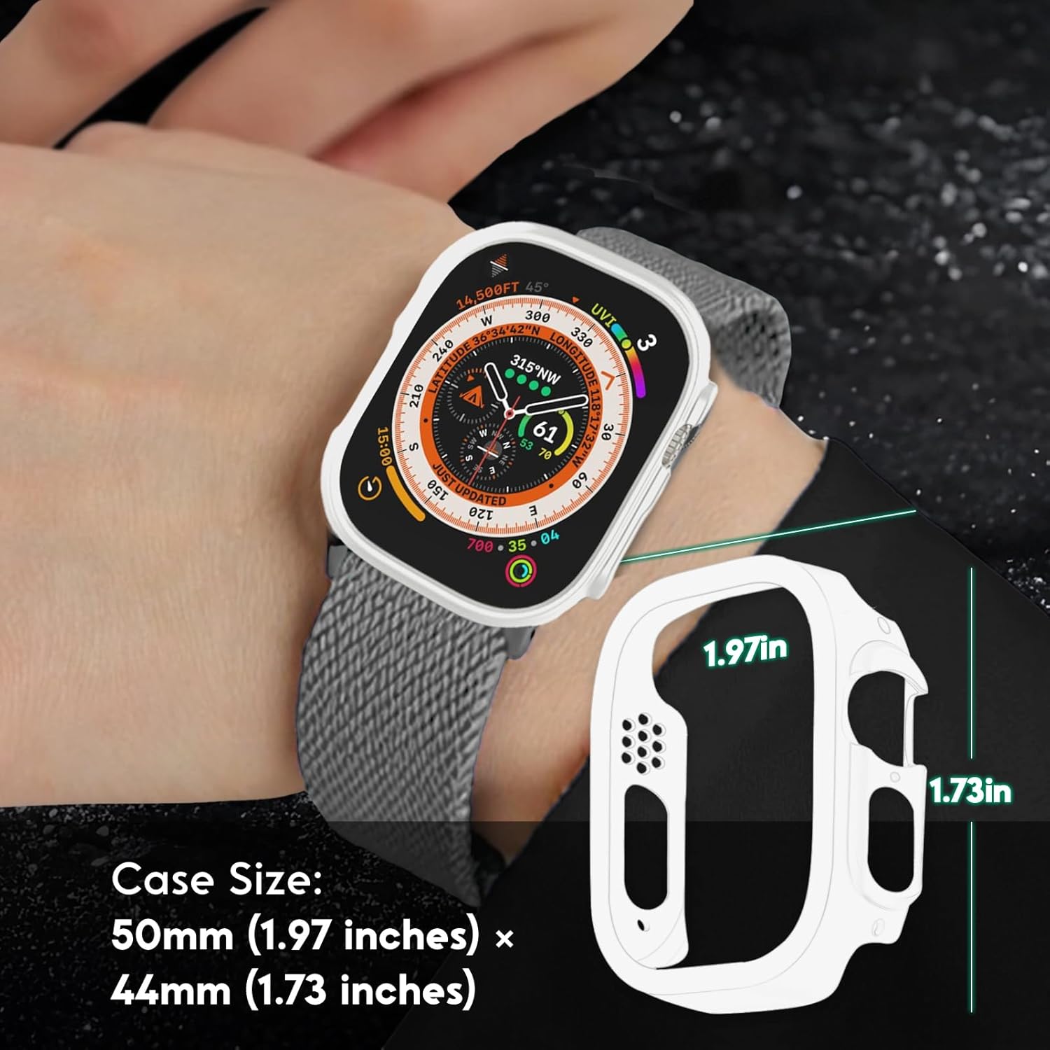 Image showing the case with dimensions 50mm (1.97 inches) x 44mm (1.73 inches) indicated.