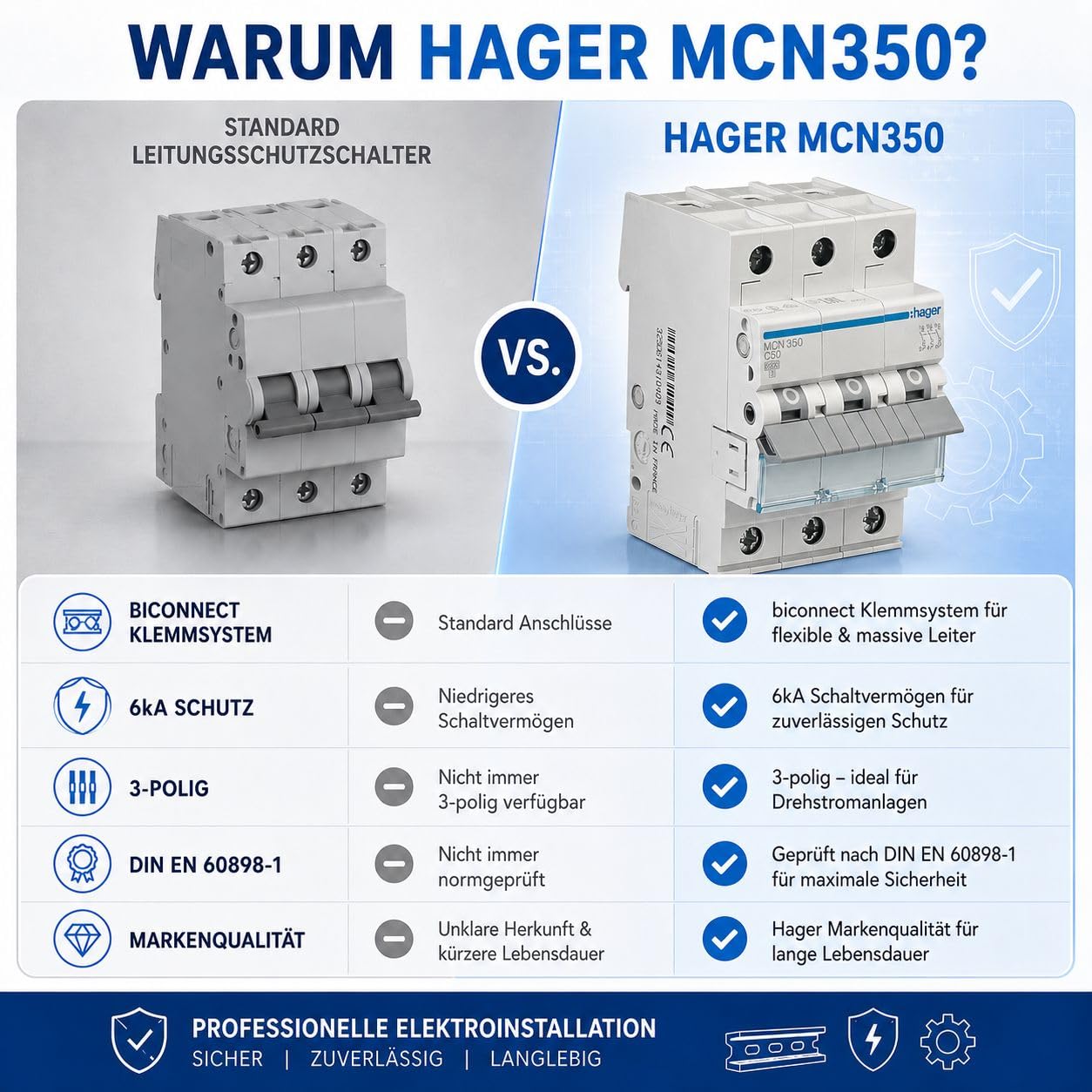 HAGER MCN350 Leitungsschutzschalter 3 polig 50A, C-Charakteristik, 6kA Sicherungsautomat 3P für Drehstrom, biconnect Klemmsystem, LS-Schalter für Hutschiene, 3 Module, 230 400V AC