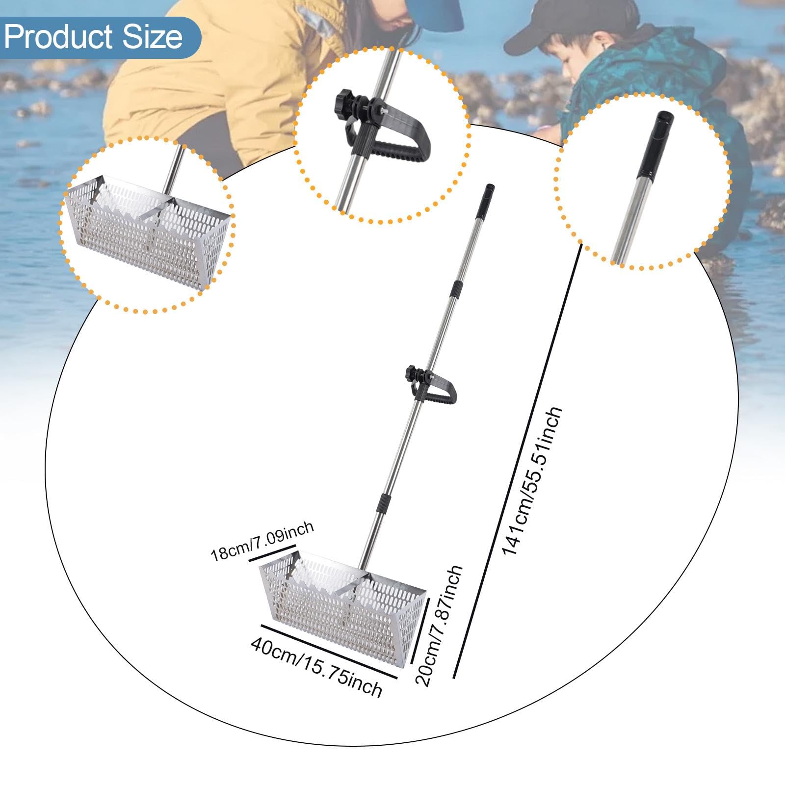 Râteau à Sable avec Tamis et Manche Détachable pour Activités Extérieures, Acier Inoxydable 304