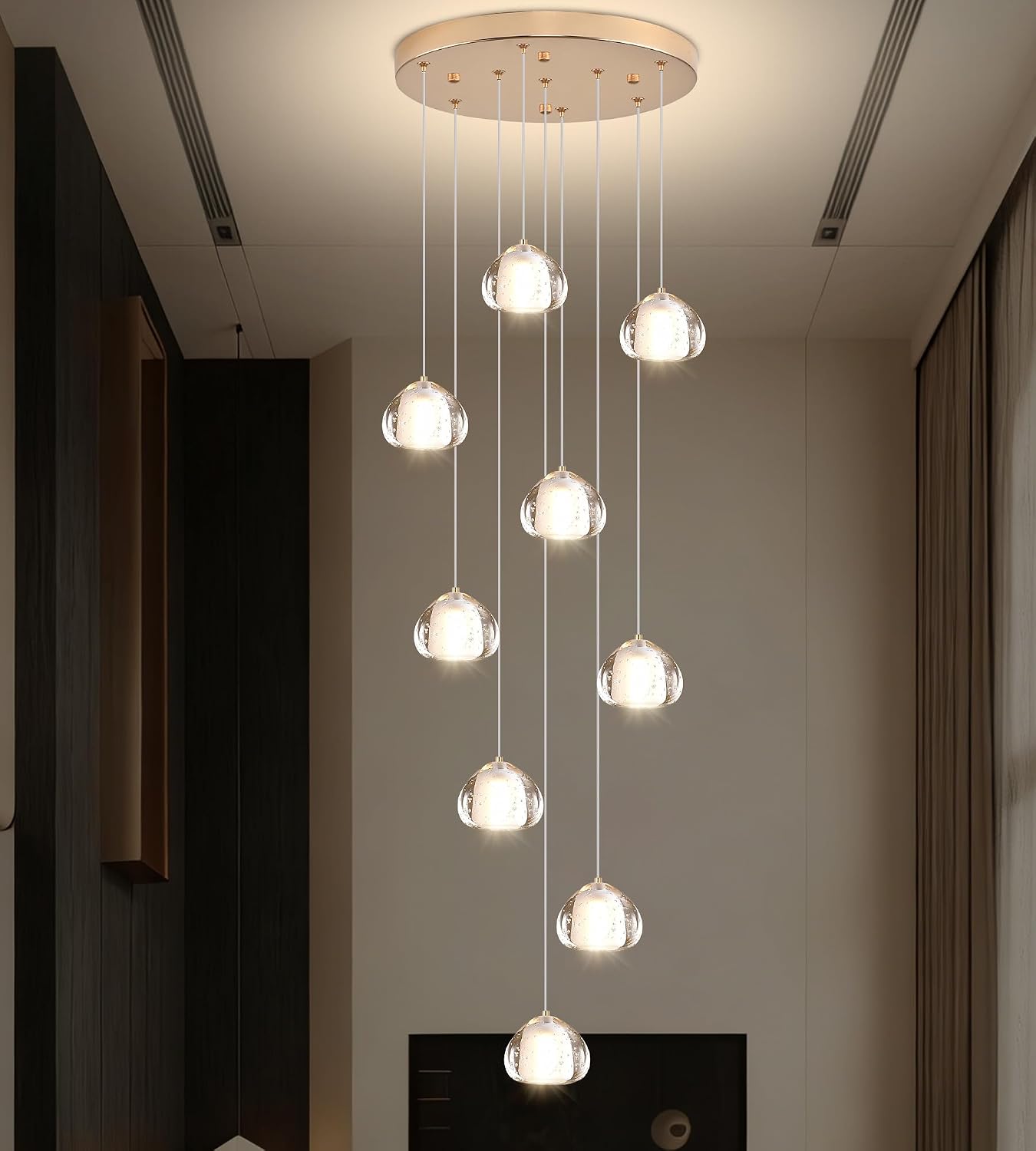 Gold Crystal Chandeliers for Staircase 9-Lights, H99 Inches Modern Indoor High Ceilings LED Pendant Light Fixture for Living Room Foyer Entryway