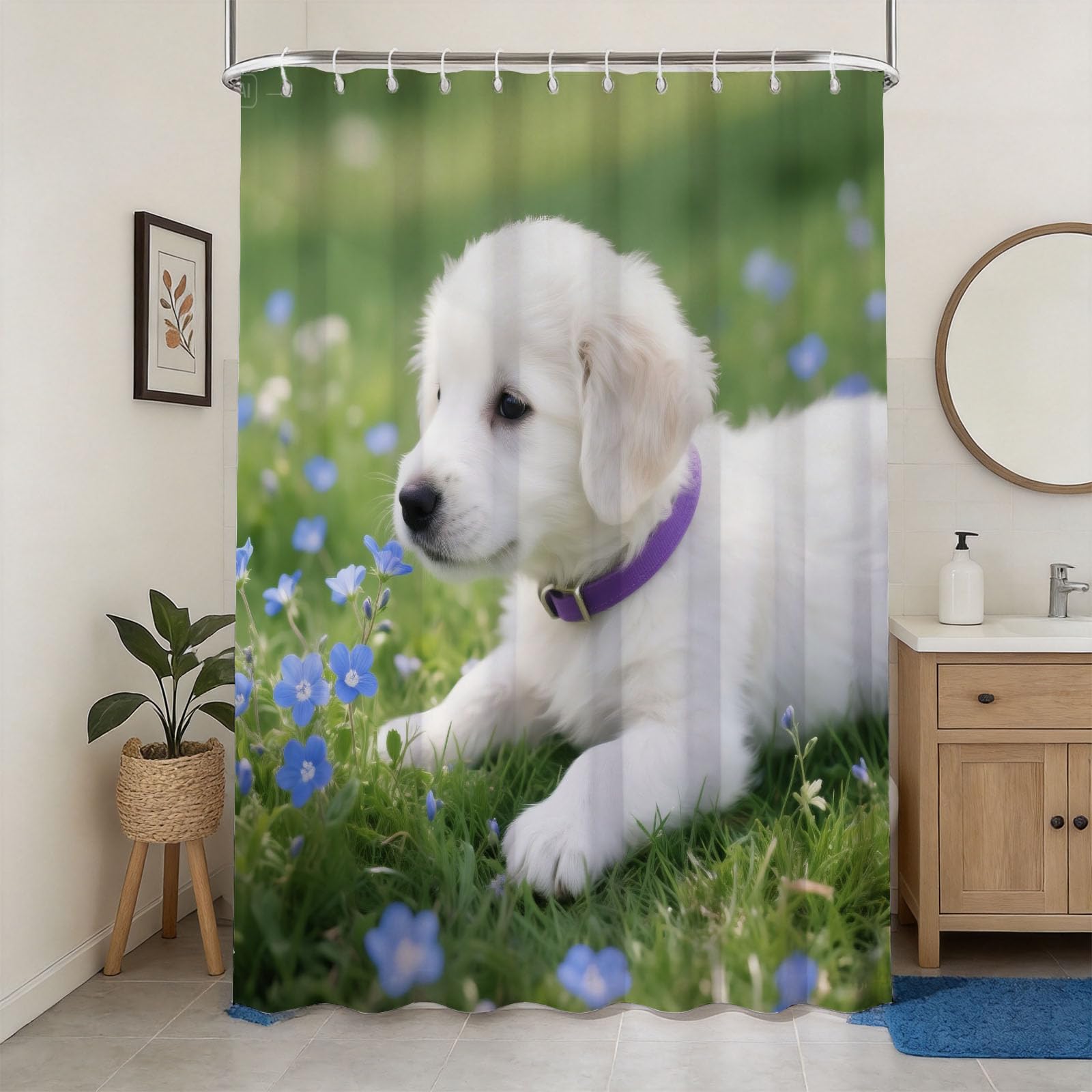 Hongduo 3D Puppy Shower Curtain for Stalls Bathtubs Rural Landscape Bathroom Decor Shower Curtain Set Polyester Fabric Waterproof 200x200cm/79X79 Inch with Hooks